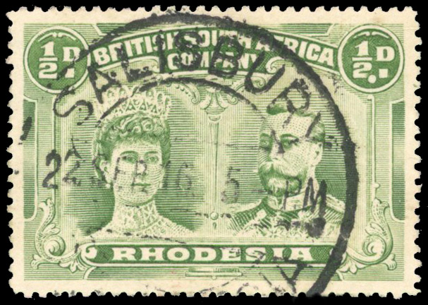 Rhodesia 1910-13 ½d pale green perf 15 with Double Dot flaw