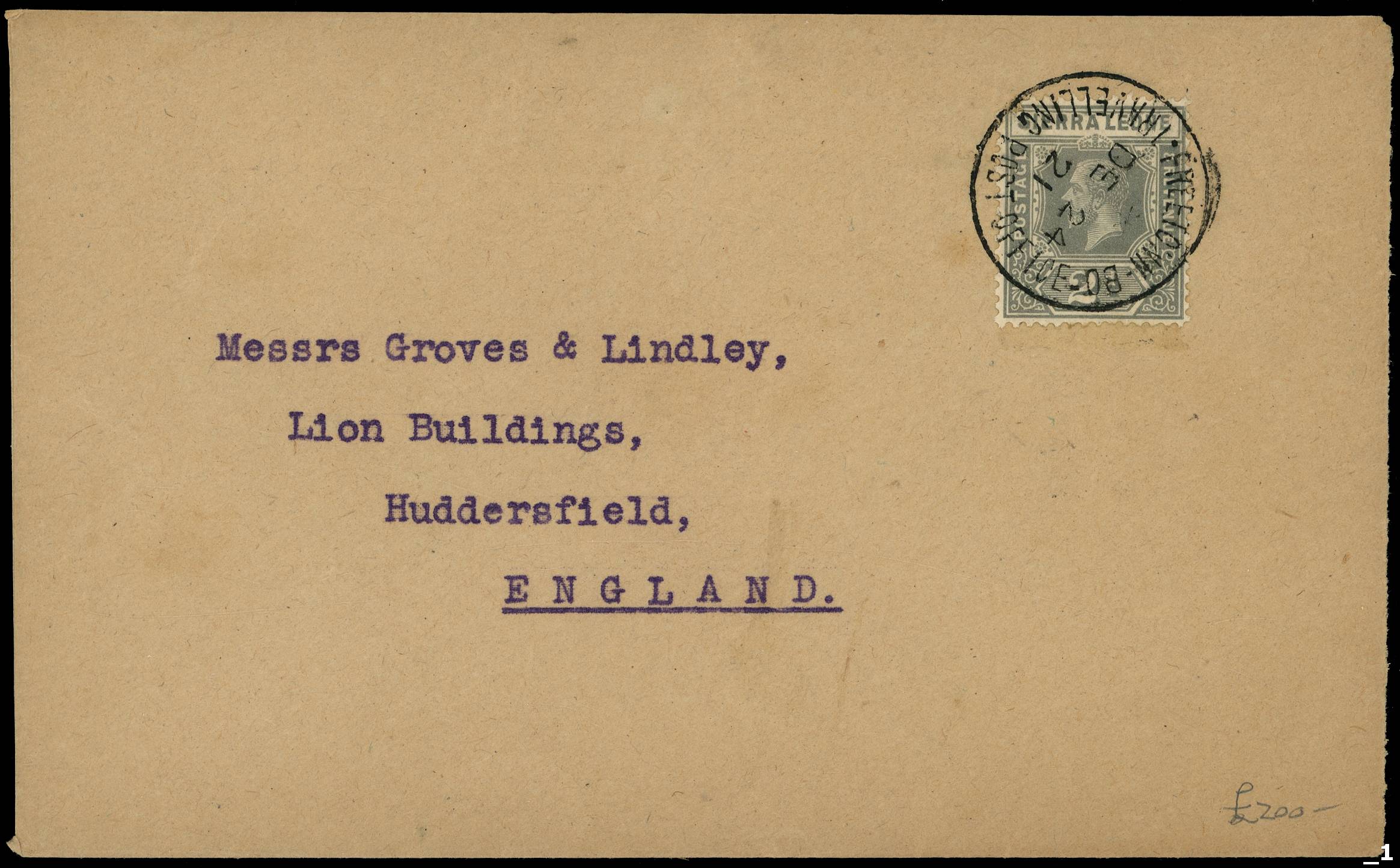 Sierra Leone POSTAL HISTORY: 1921 envelope addressed to England