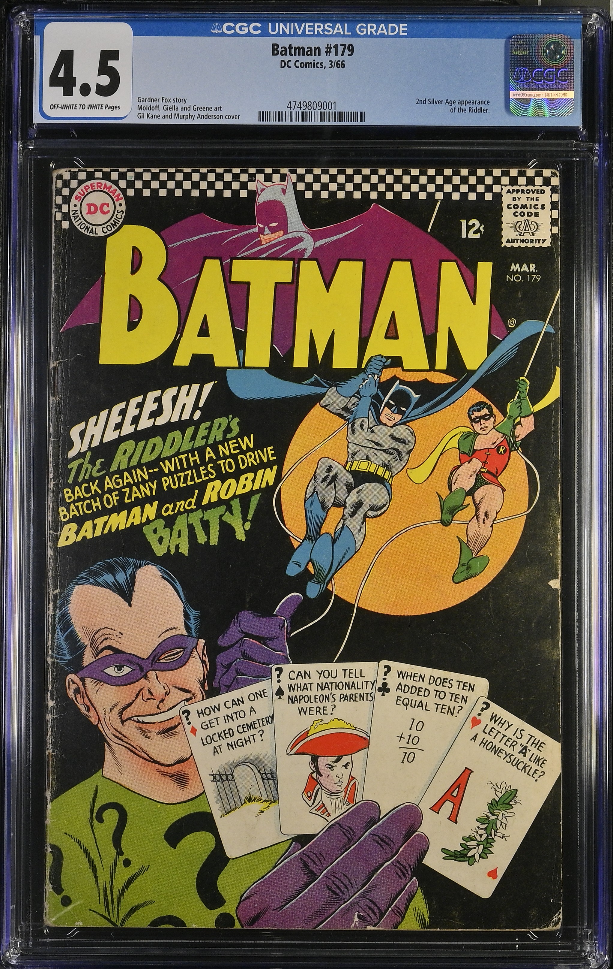 Batman #179 CGC 4.5 2nd Appearance of Silver Age Riddler (DC Comics, 1966) Off-White to White Pages
