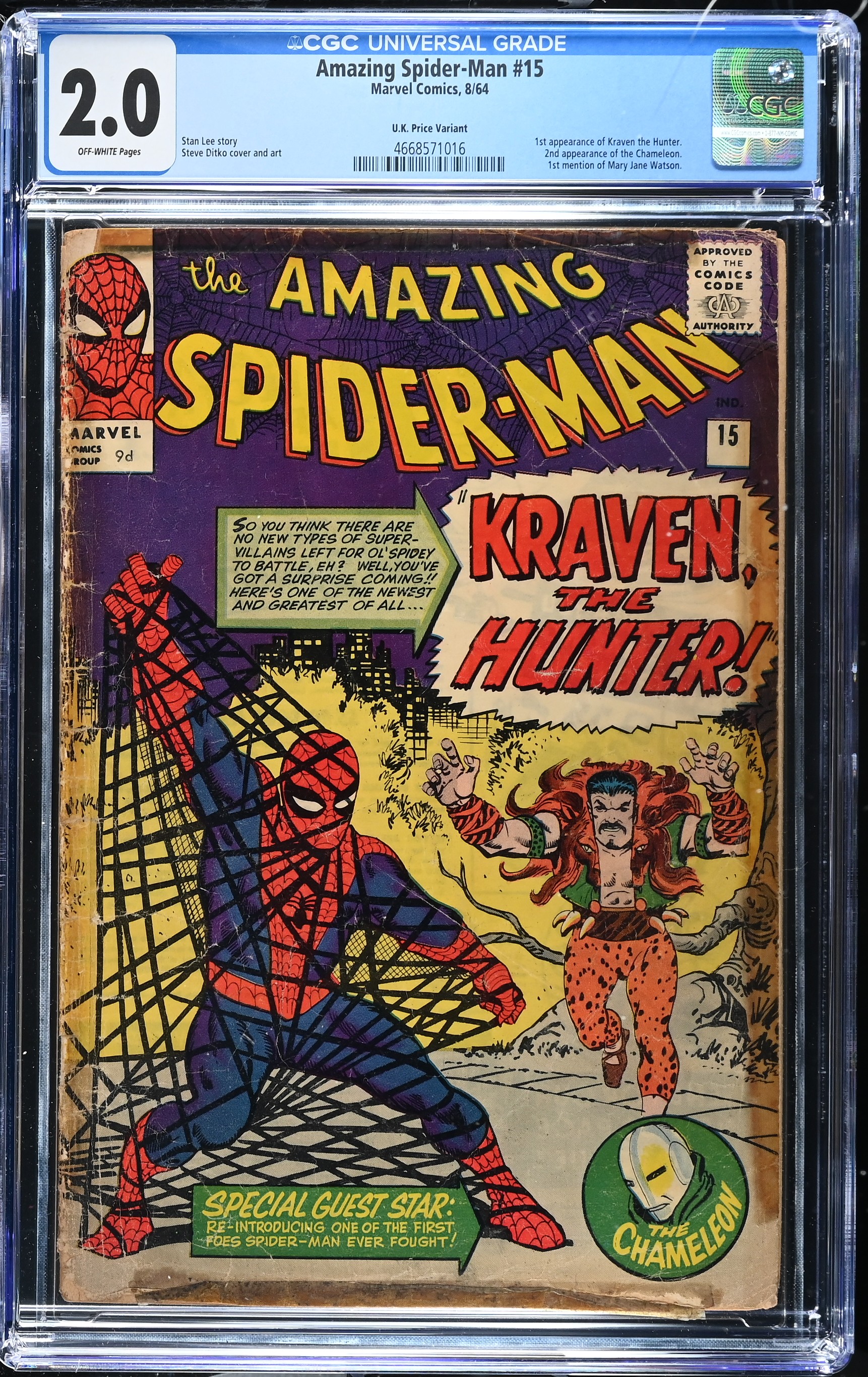 Amazing Spider-Man #15 CGC 2.0 1st Appearance of Kraven the Hunter UK Edition (Marvel Comics, 1964) Off-White Pages