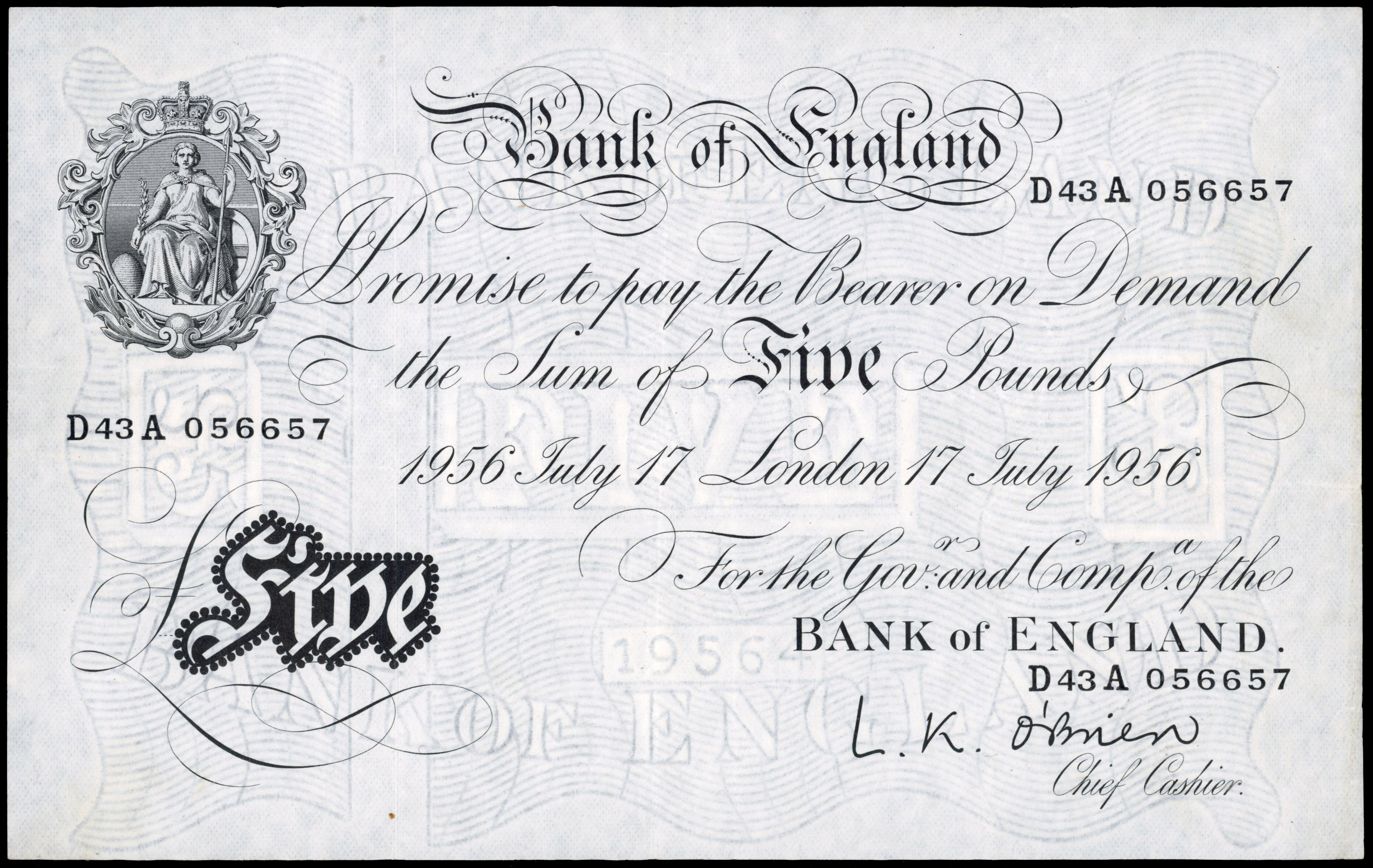 Bank of England, L K O’Brien, White Five Pounds, London, 17 Jul. 1956, D43A 056657, (Dugg. B276). Good Very Fi…