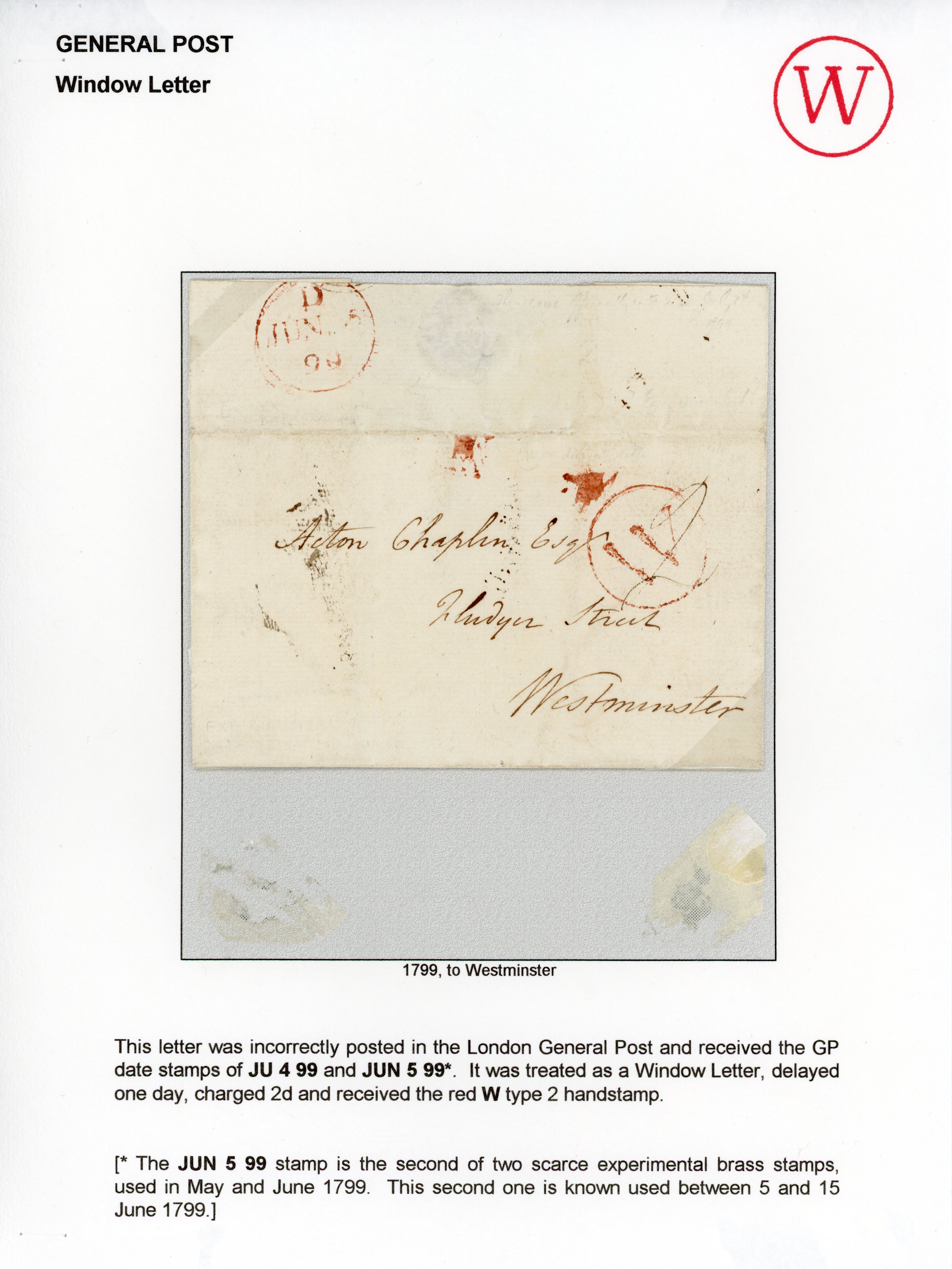 1799 General post/Window letter. Wonderful cover addressed to Westminster bearing a ‘W’ Window