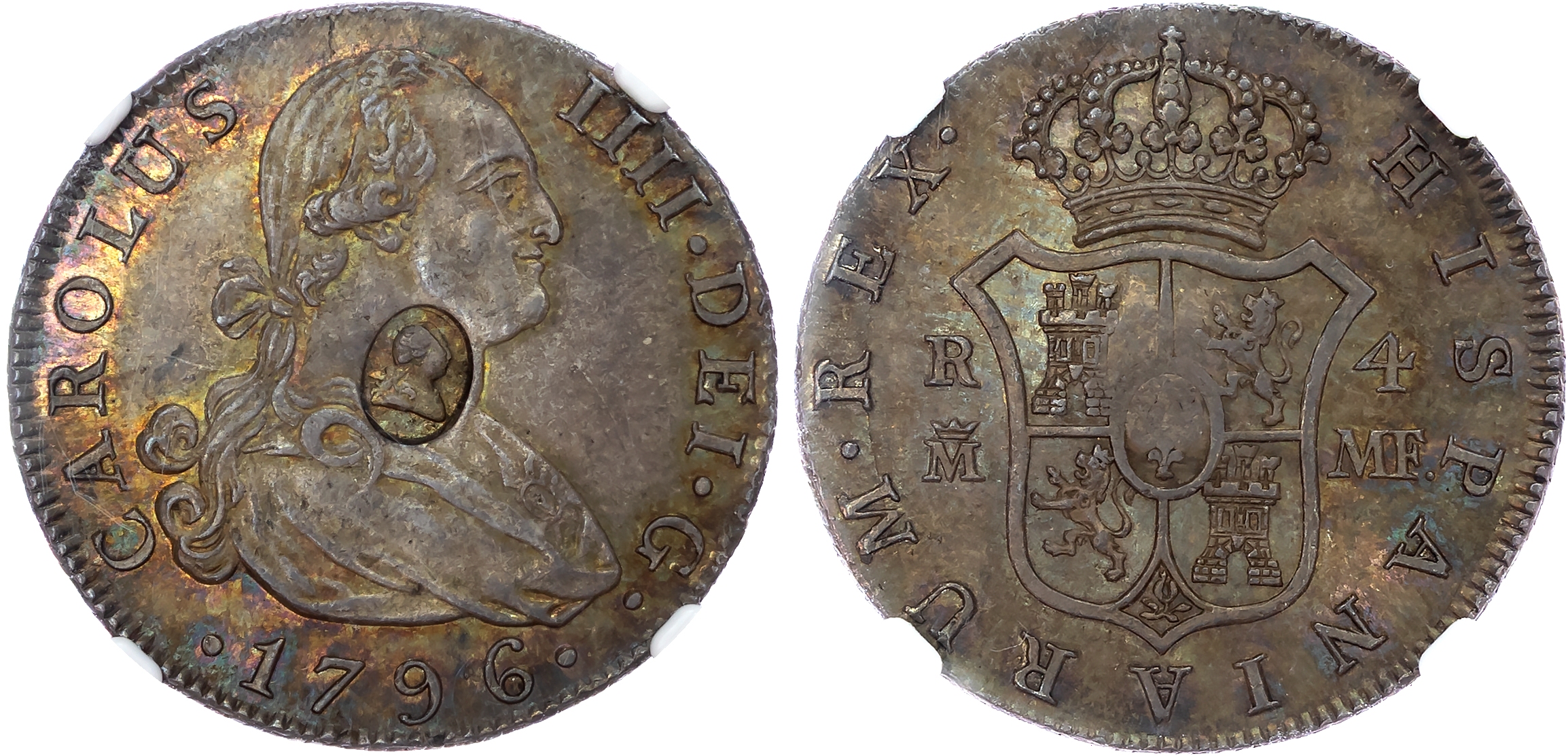 George III (1760-1820), Emergency Issues, Oval-shaped Countermark on AR Half-Dollar (4 Reales) of Charles IV, NGC AU 58+.