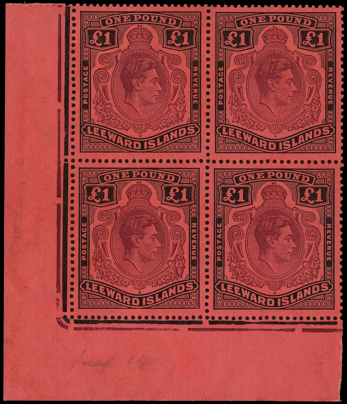 Leeward Islands SG 114a var block mint