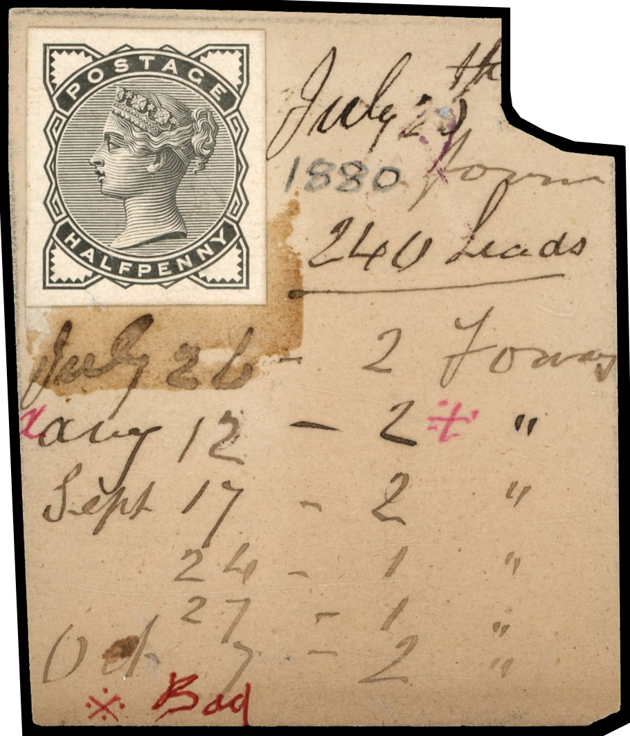 GB 1880-81 ½d stamp-sized die proof on DLR striking book piece, For SG 164