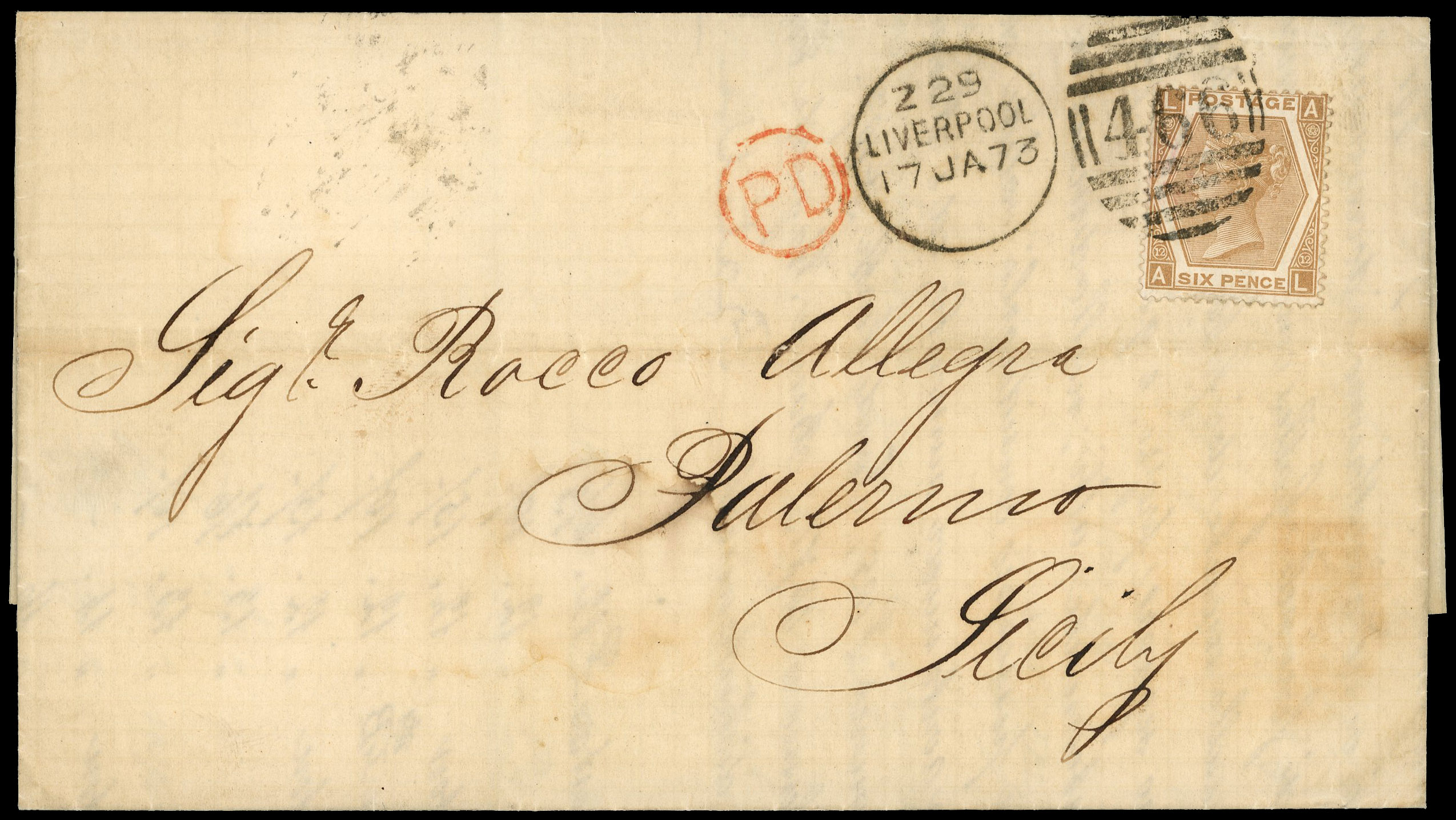 1872 6d Pale chestnut Pl.12. Very fine used example of this rare ‘abnormal’ issue lettered AL neatly tied to a clean ent…