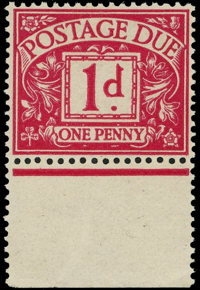 POSTAGE DUE: 1914 1d carmine, lower marginal example showing 'NO WATERMARK’ variety