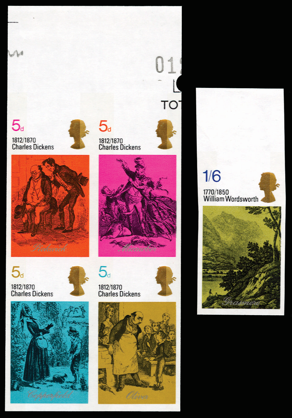 GB 1970 5d-1s6d Literary Anniversaries. Superb unmounted o.g top marginal set of five (5d value in se-t… SG824/8var