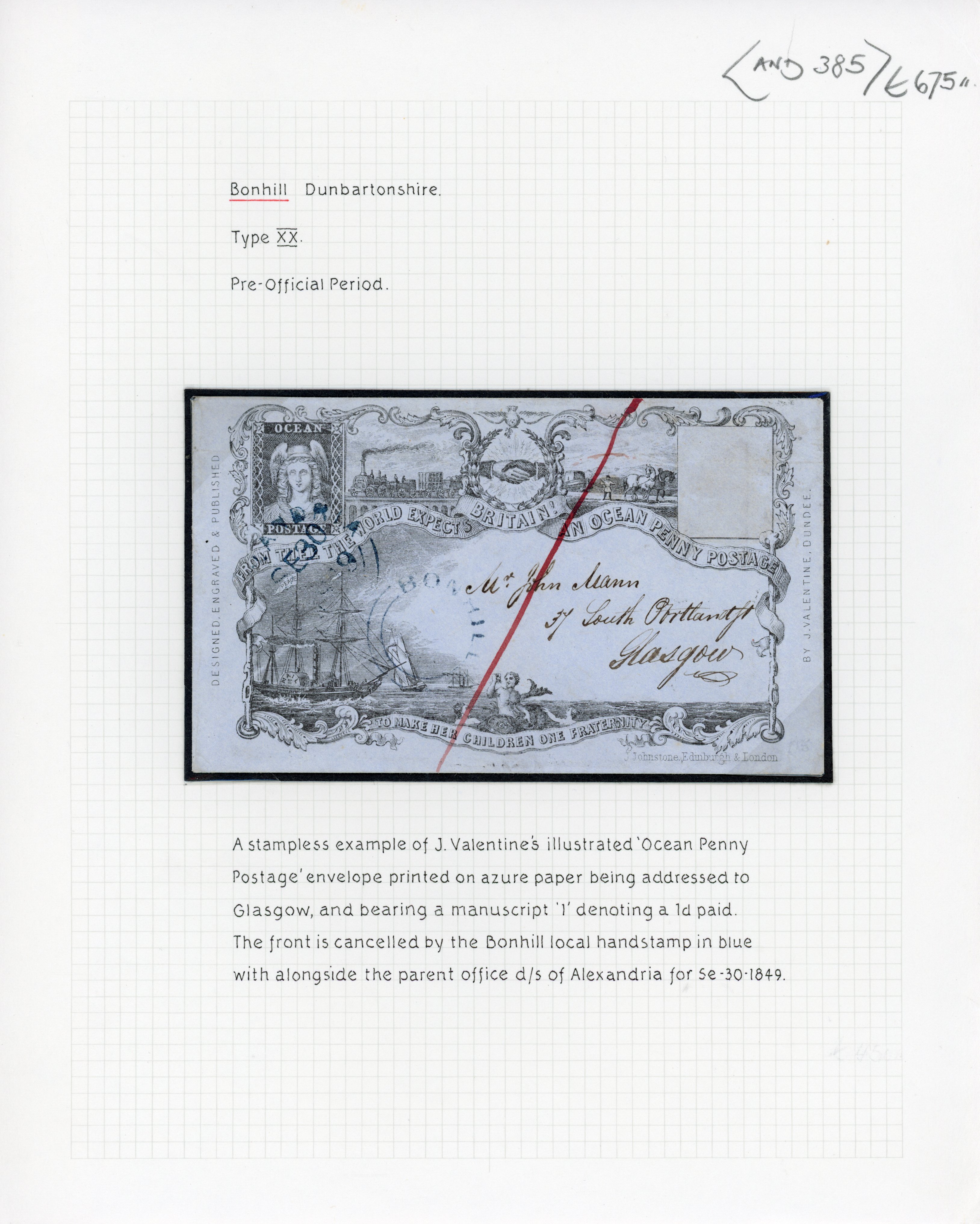 GB 1849 (SE 30) Valentine's of Dundee "Ocean Penny Postage" envelope