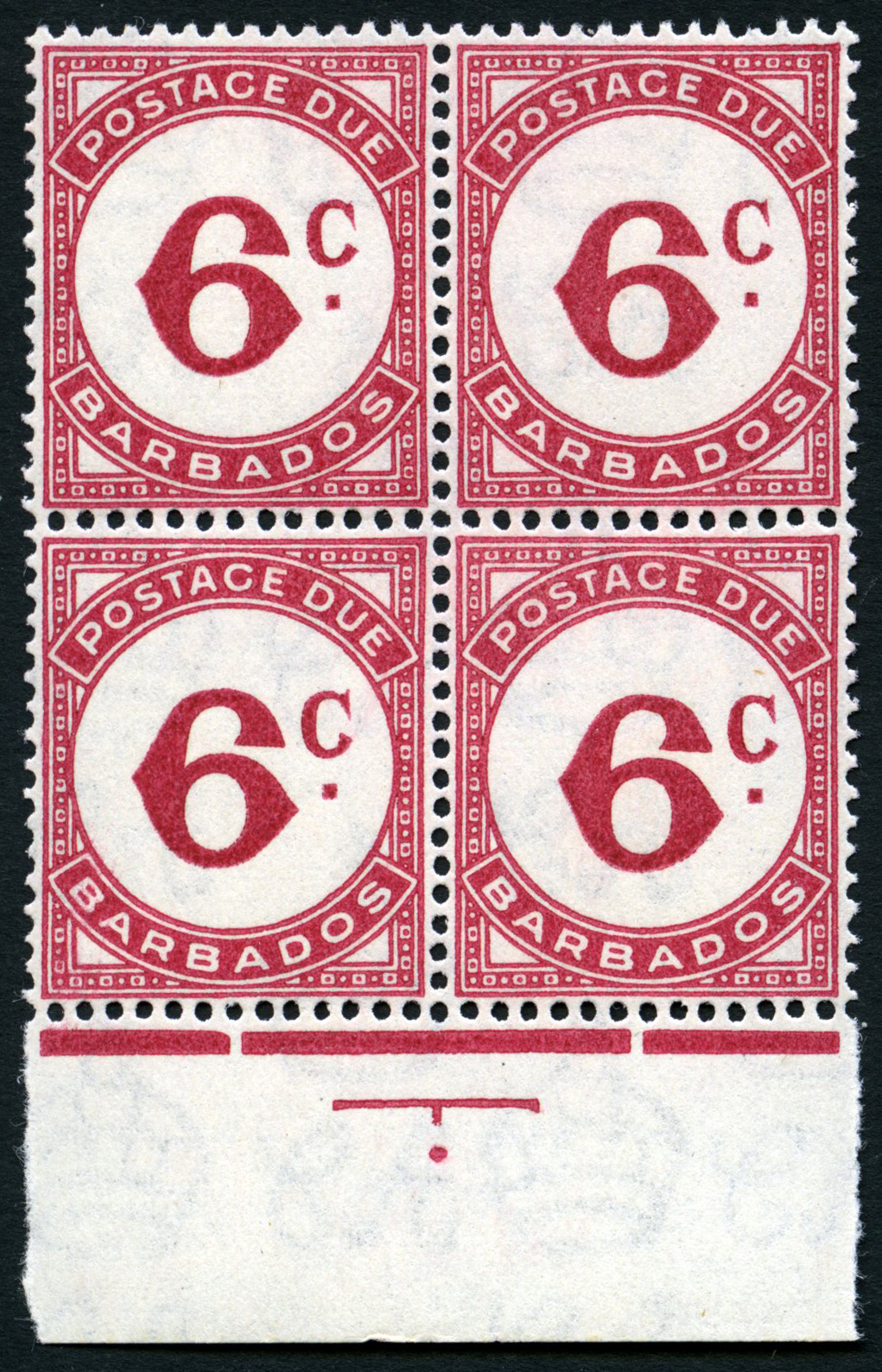 Postage Dues. 1950 6d carmine on ordinary paper u/m block of four from bottom of sheet, with central sheet marking. SG D6,...