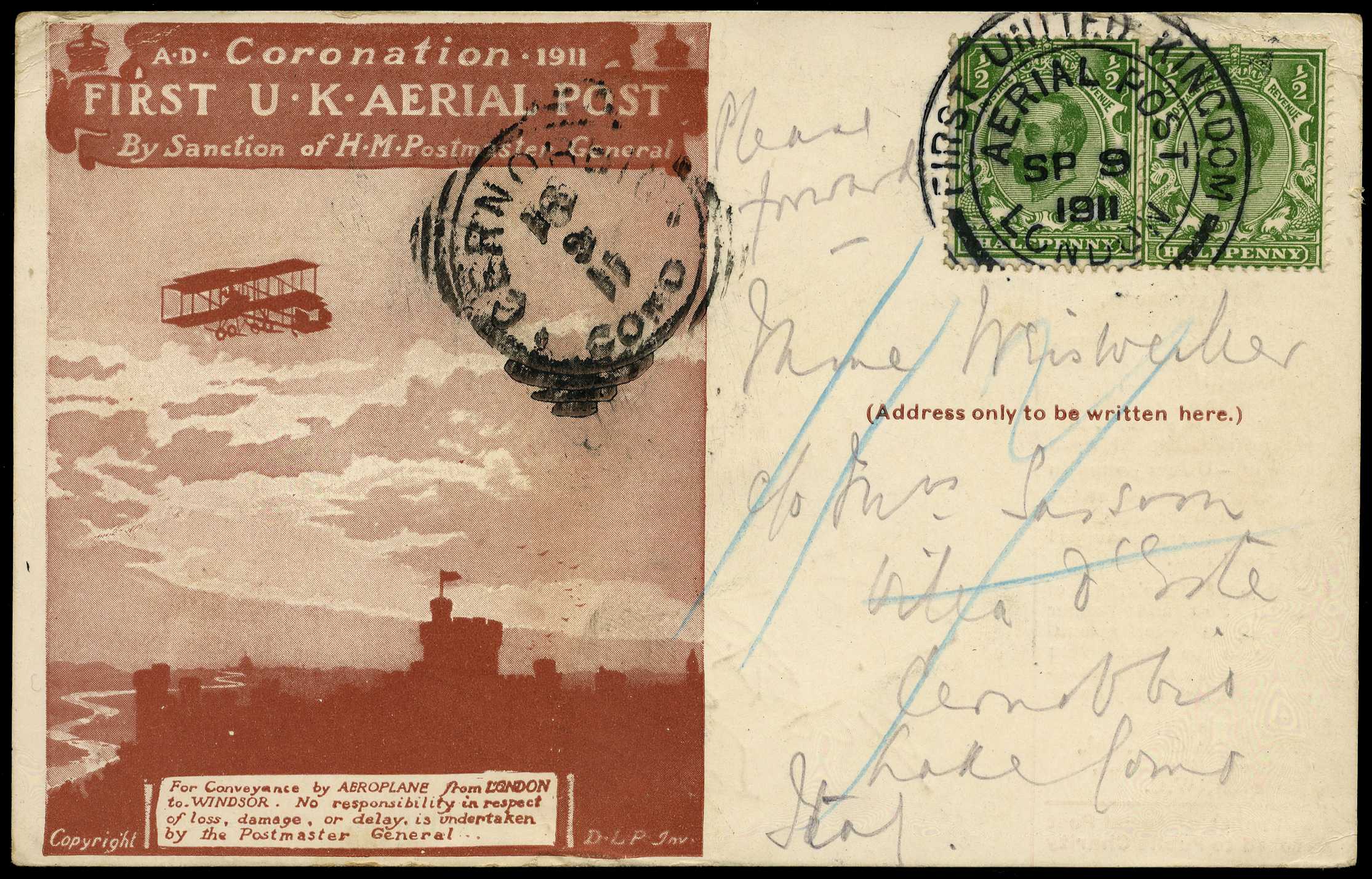 1911 FIRST U.K. AERIAL POST: Postcard in...
