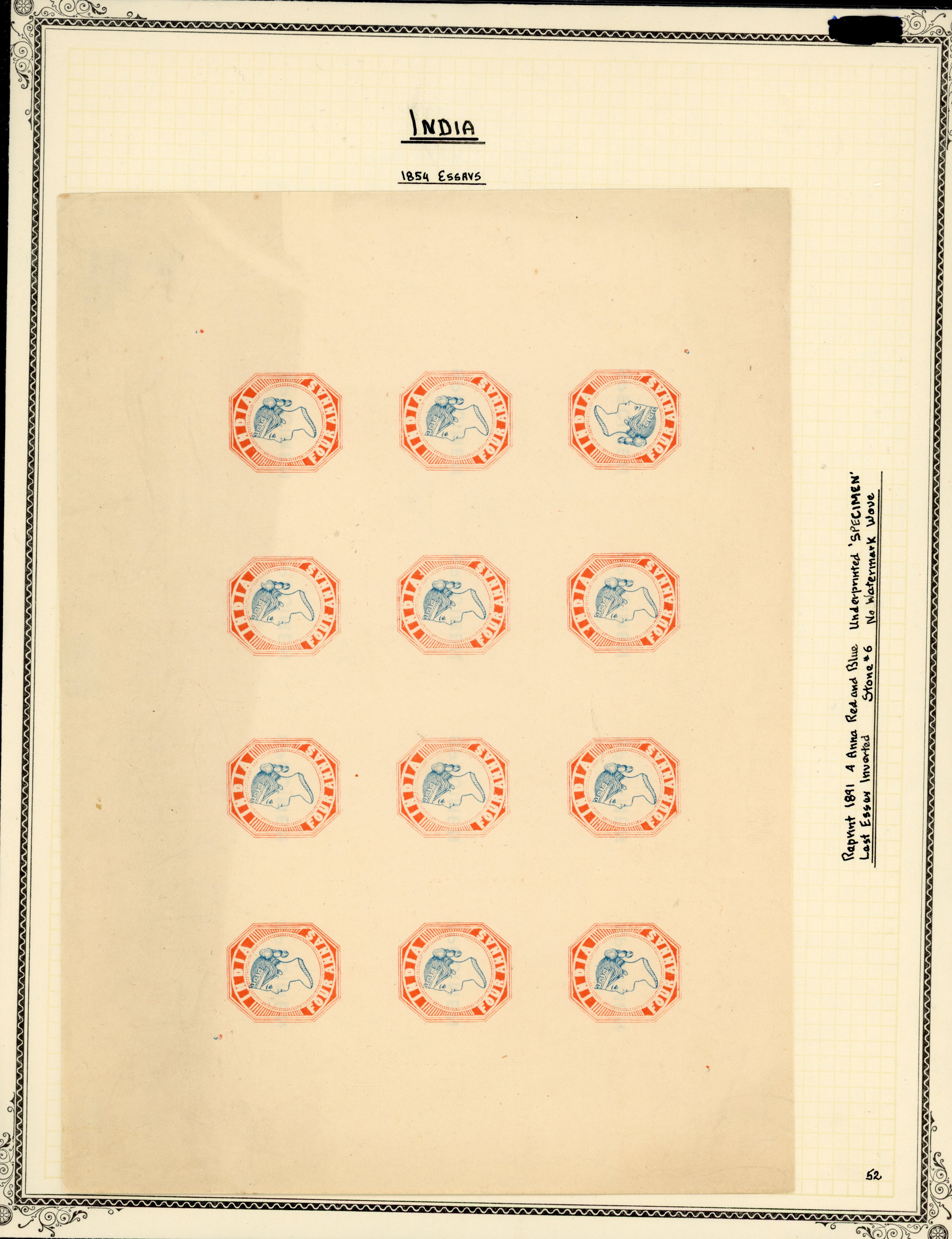 India 1854 reprints; 1890 4a sheet, one with inverted head