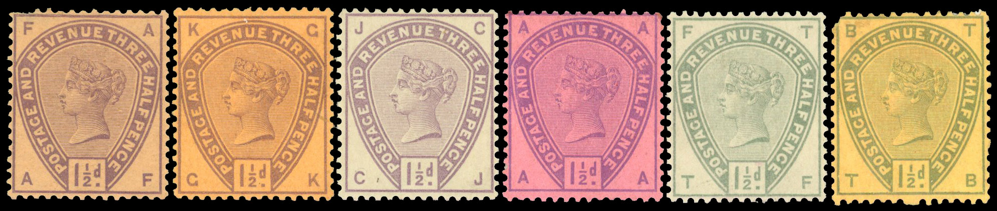 1884 1½d Colour trials on coloured paper (No Wmk. Perf. 14). Lovely group of six colour trials
