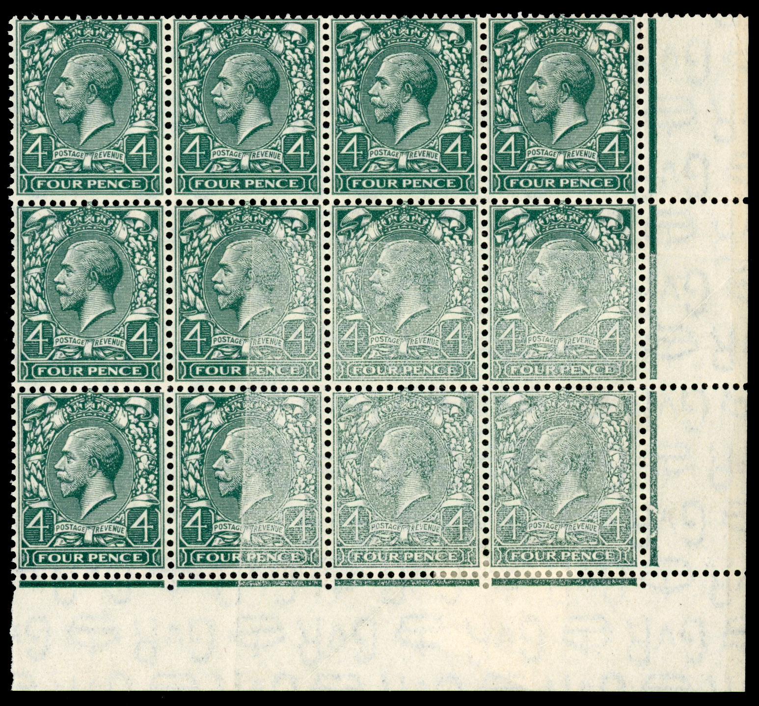 GB: 1924 4d grey-green l/r marginal block of 12 (4x3) watermark inverted with a diagonal fold in margin