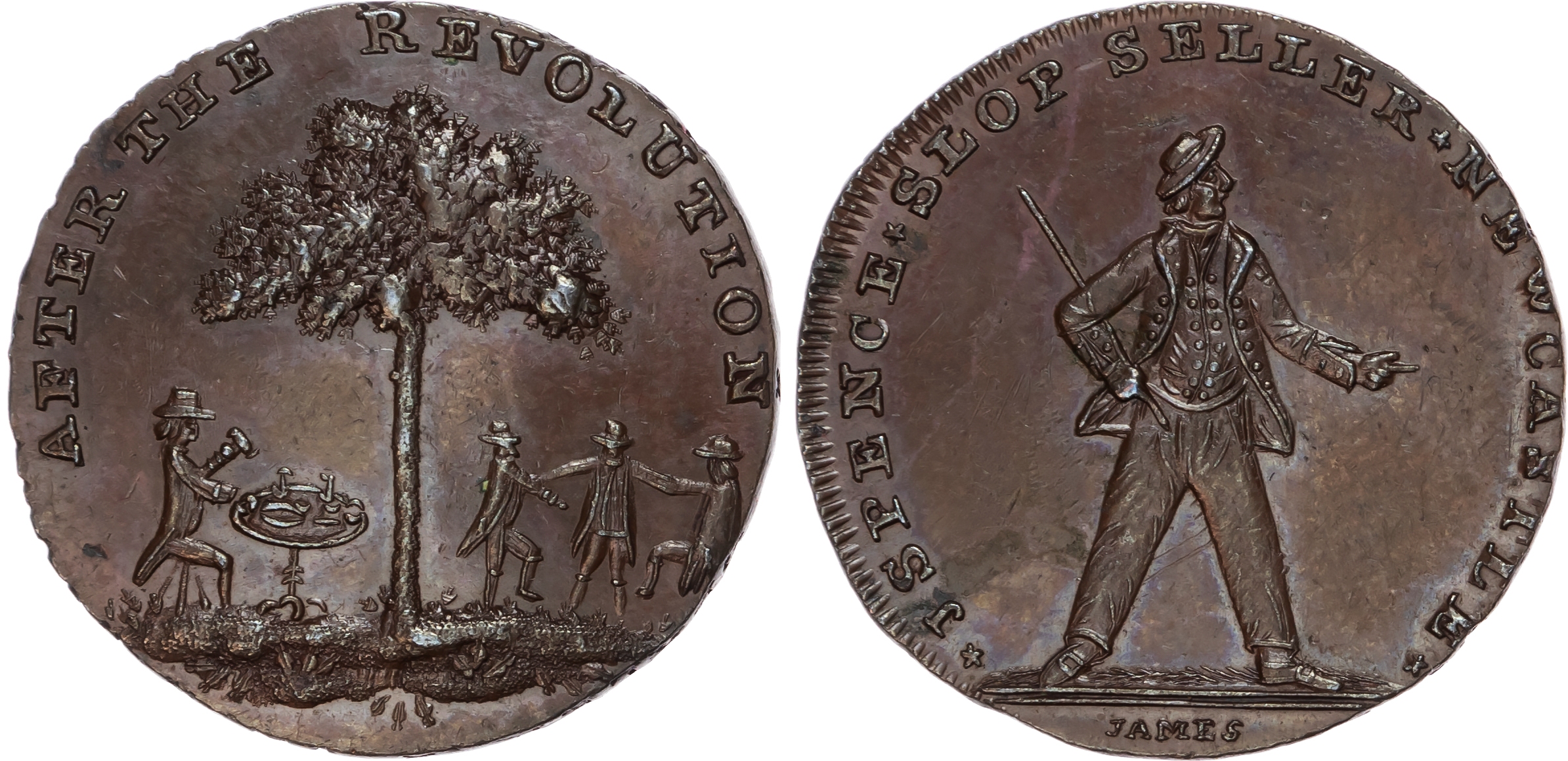 N’land, NewcastleuponTyne, Thomas Spence mule bronzed Halfpenny undated, Sailor standing right, rev. Men eatin…