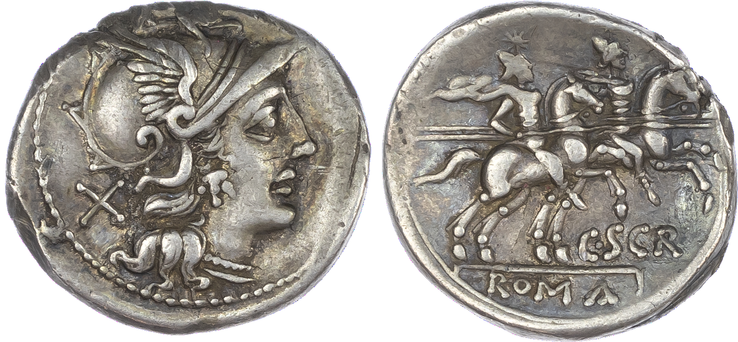 C. Scribonius (154 BC) AR Denarius, Rome, 4.04g. Helmeted head of Roma facing right, X (mark of value) behind. Rev. The