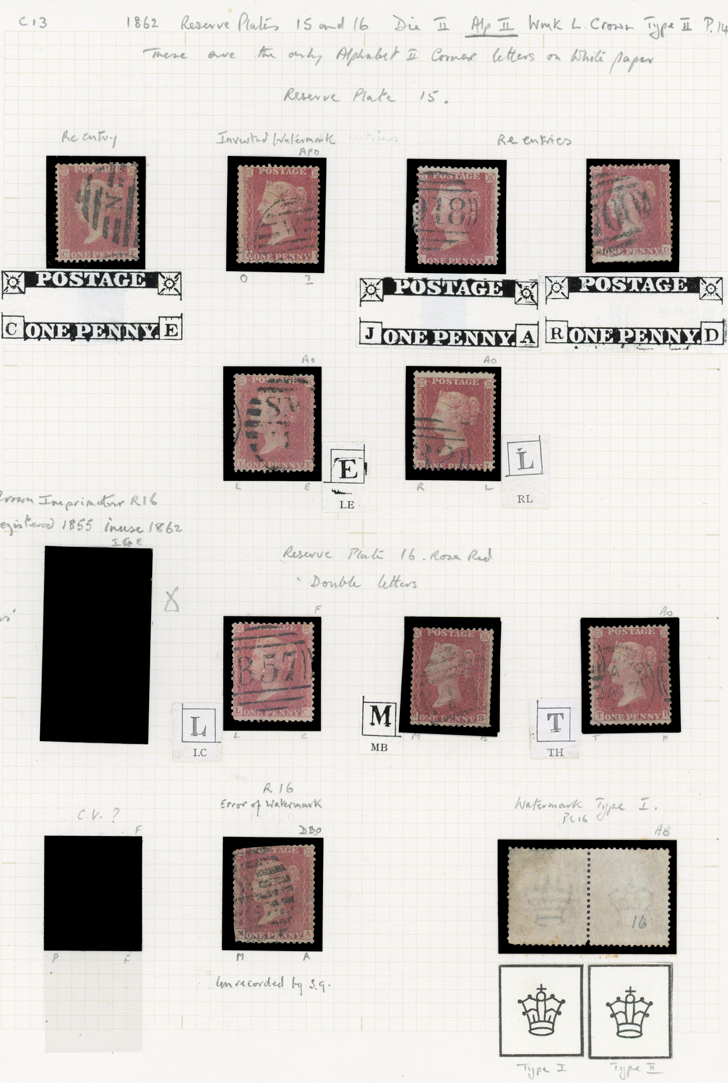 1862 1d Rose-red Pl.R15& R16 (SG42, Die II, Alphabet II, Wmk. Large Crown, Perf 14). Used group