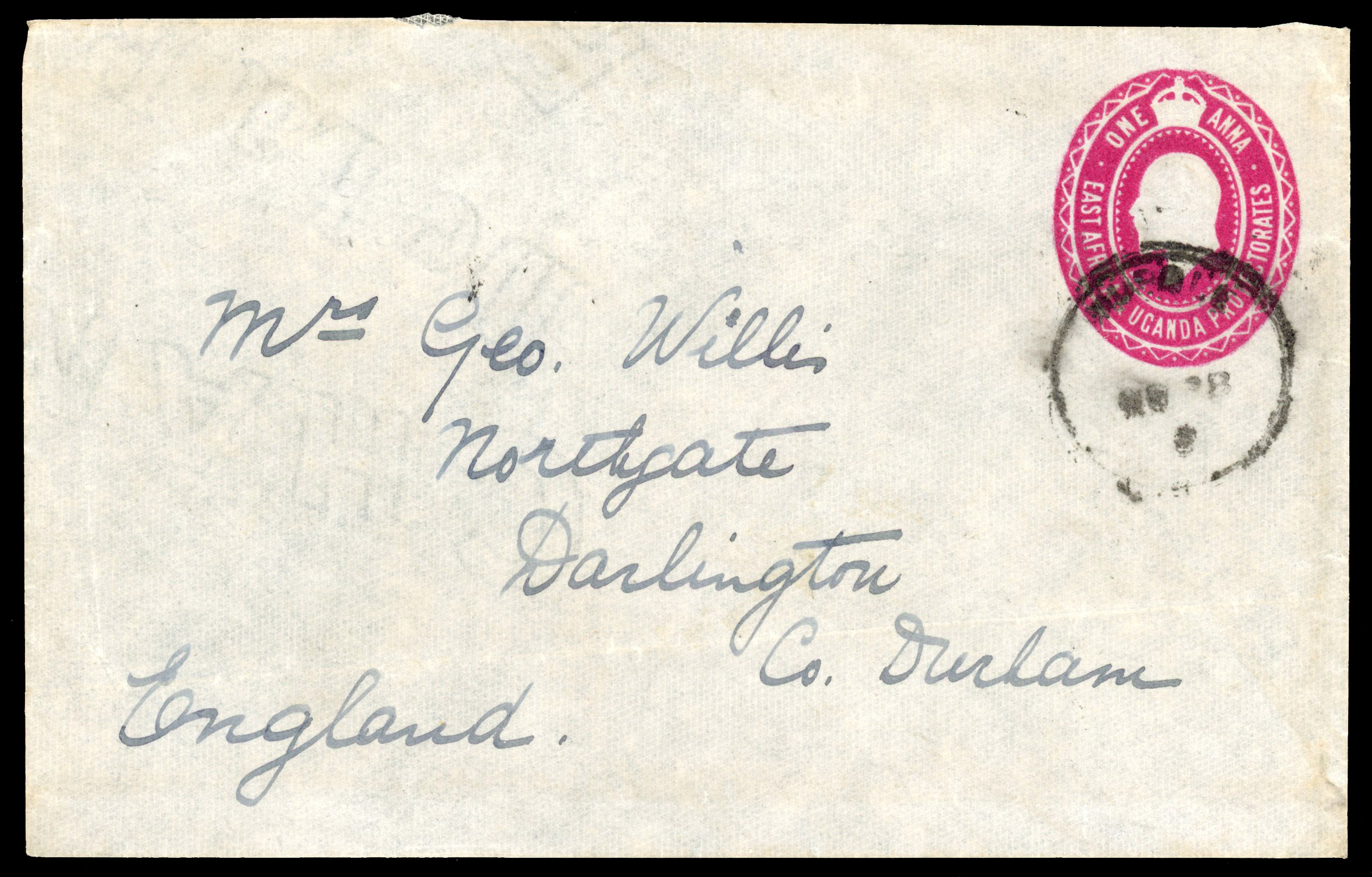 BRITISH EAST AFRCA: 1905 KEVII 1a carmine postal stationery envelope from Mbale to Darlington, England