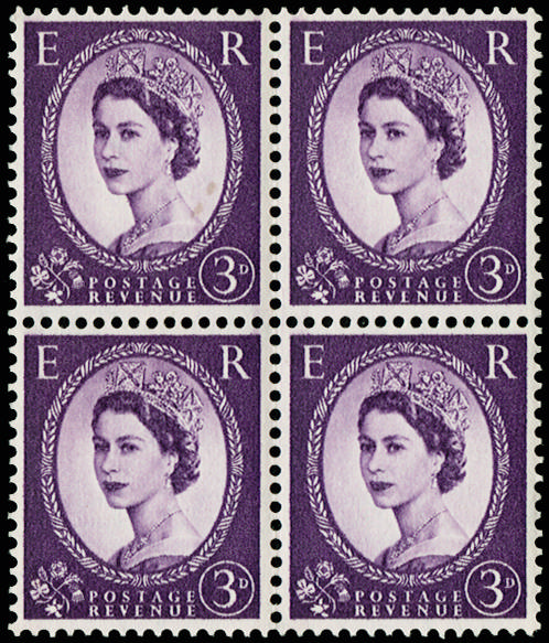 Great Britain 1959 3d Deep violet "Dollis Hill Phosphor Trial". Very fine perforated block of four on gummed crown…
