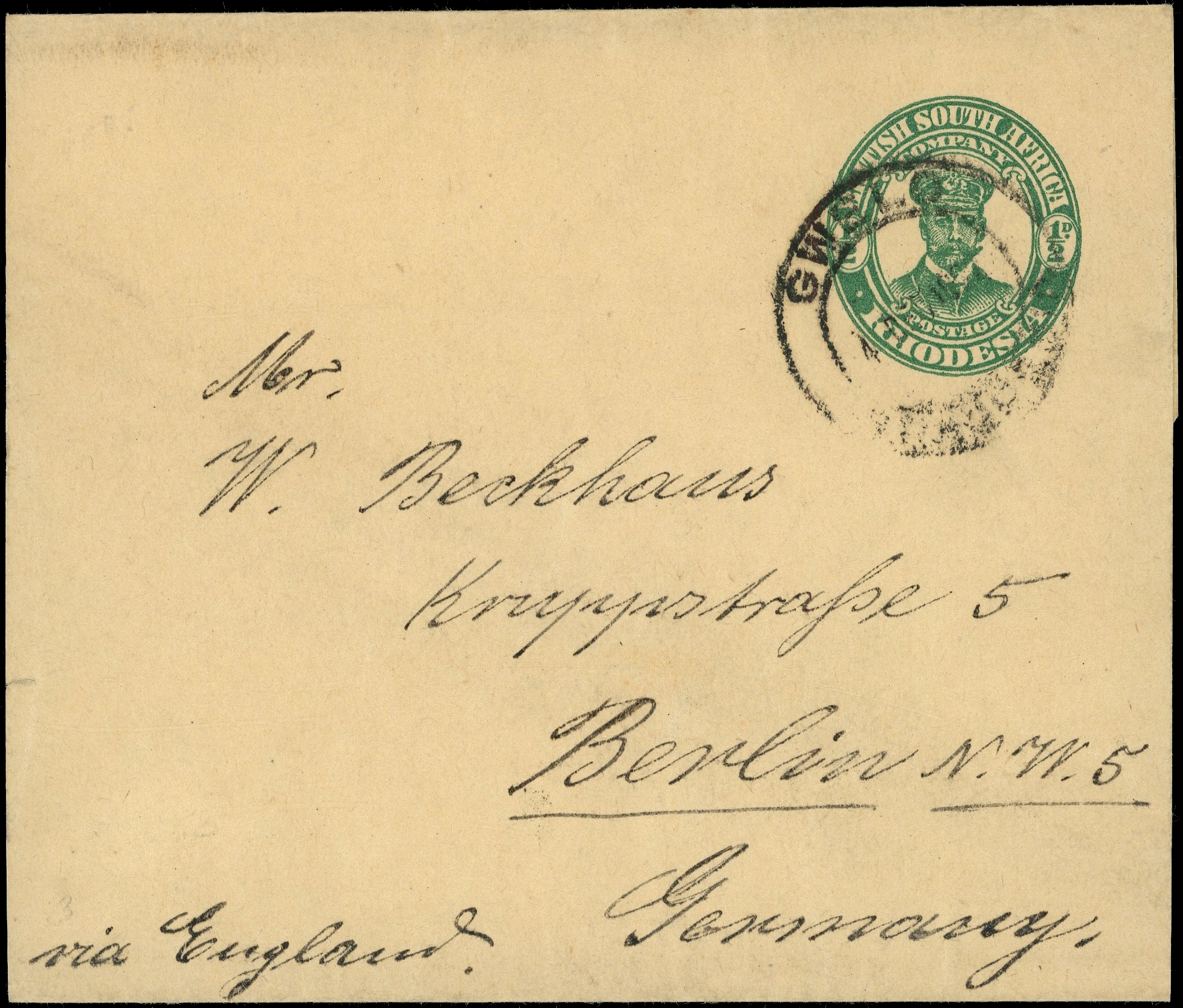 1923 ½d green "Admiral" newspaper wrapper used to Germany