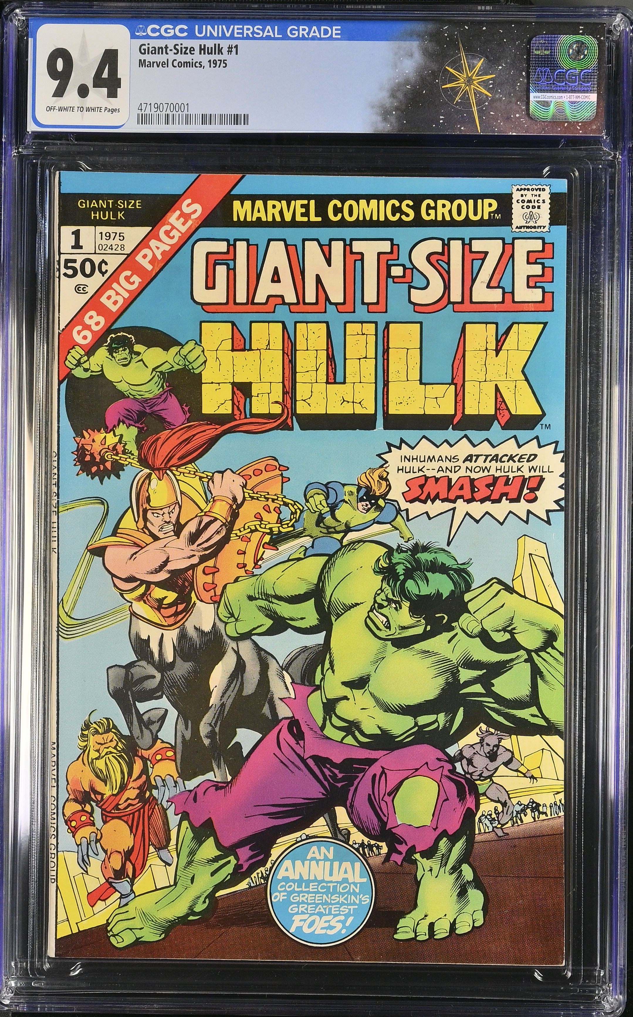 Giant Size Hulk #1 CGC 9.4 "A Refuge Divided!" Gil Kane &Klaus Janson Cover (Marvel Comics, 1975) Off-White to White Pages