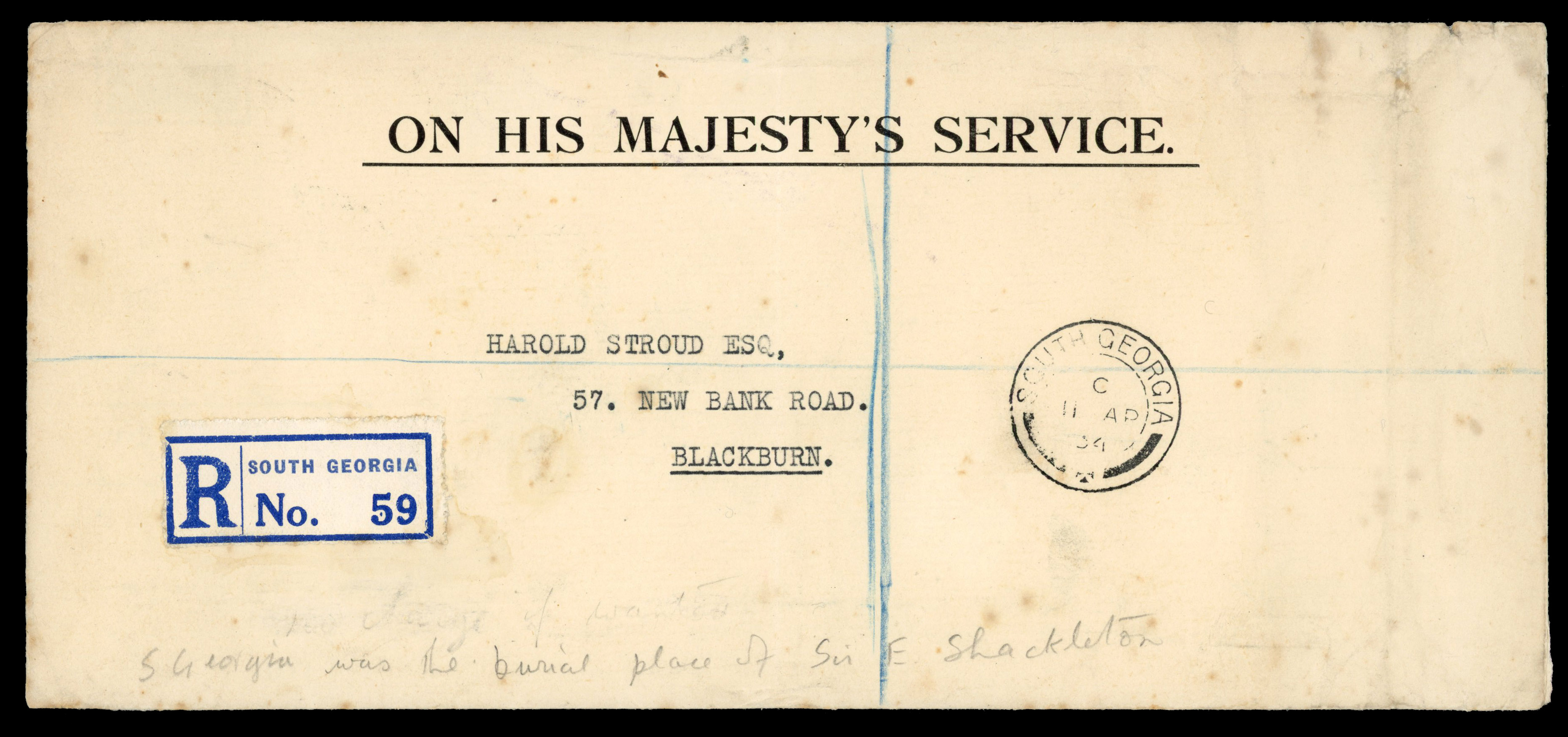 POSTAL HISTORY: 1934 stampless OHMS registered cover to Blackburn, Lancashire, registered label lower left and