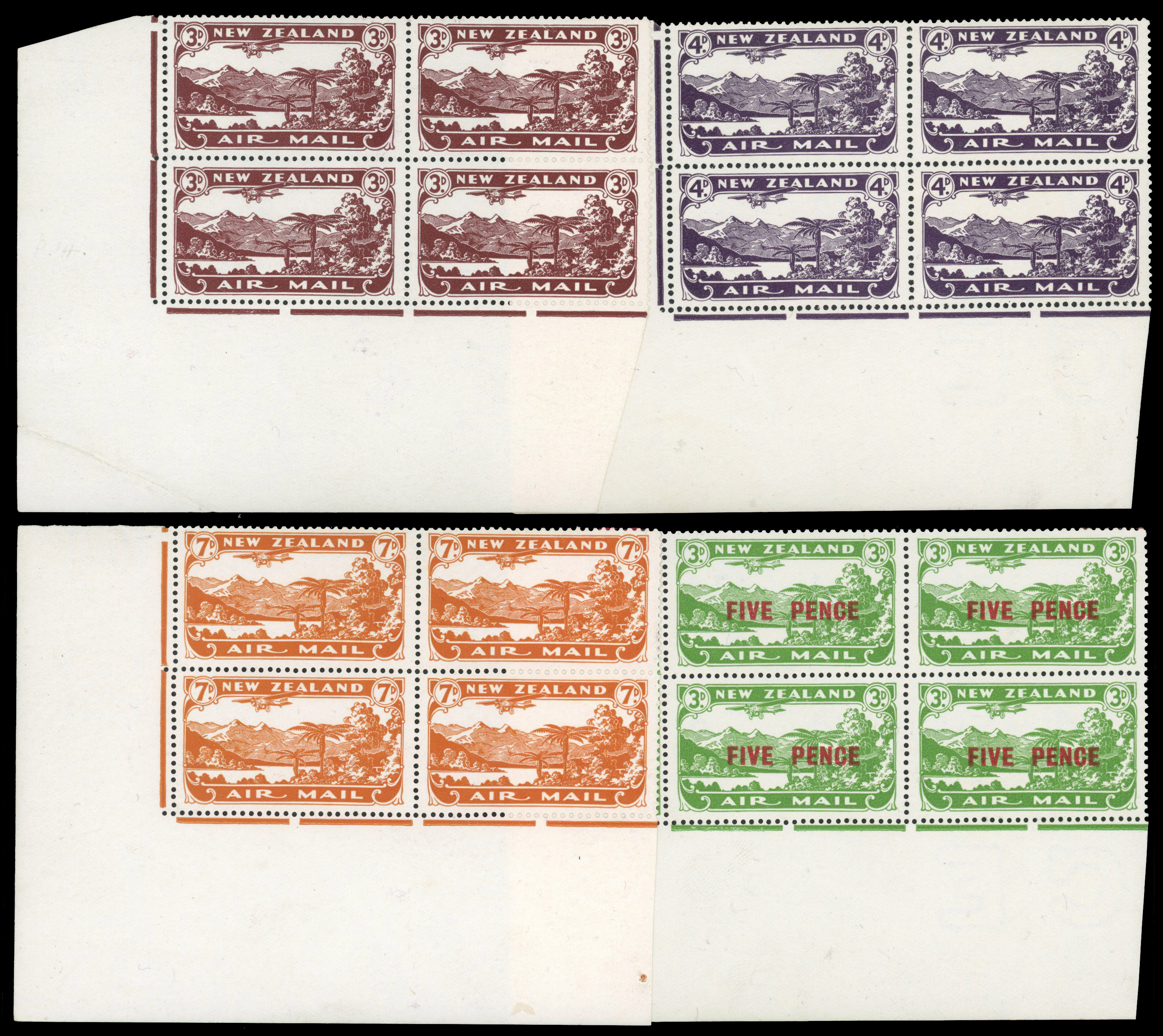 New Zealand 1931 Air set of 3 plus 5d on 3d blocks of 4