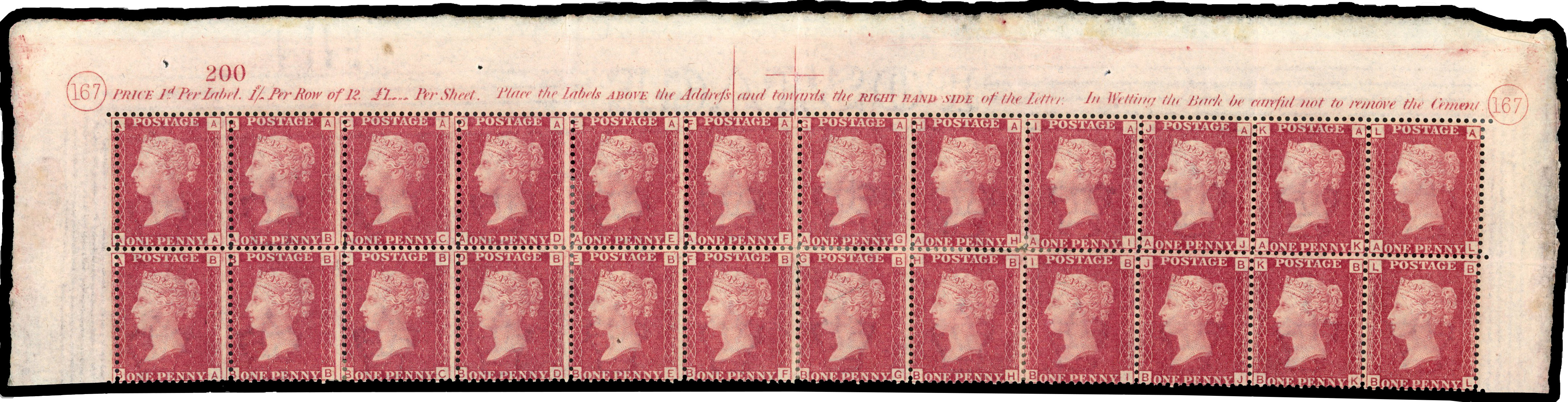 1864-79 1d rose-red Plate 167 (AA-BL) marginal block of twenty four