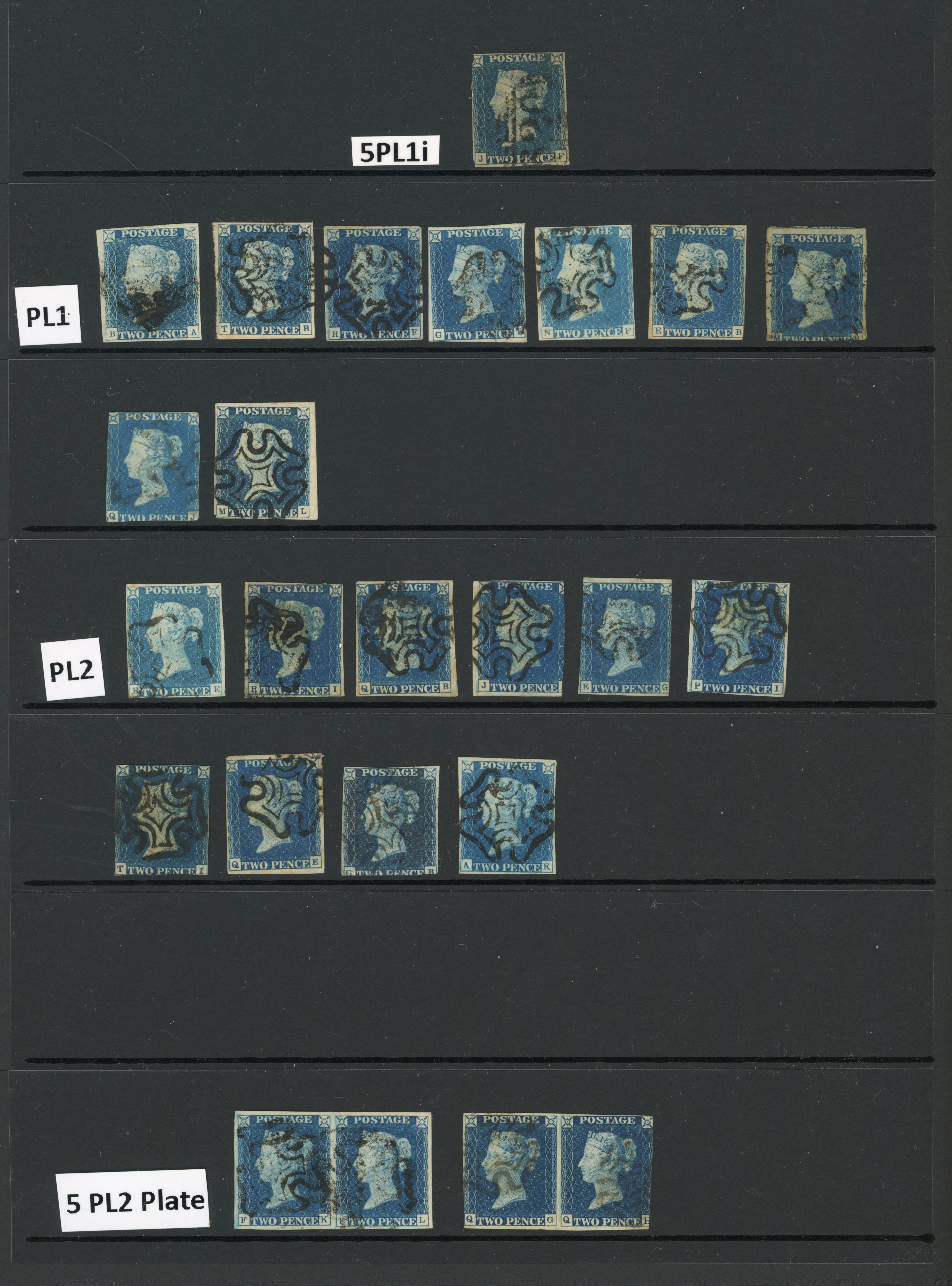 GB 1840 2d blue selection of twenty-four plated examples, some with four margins, arranged on a Hagner sheet