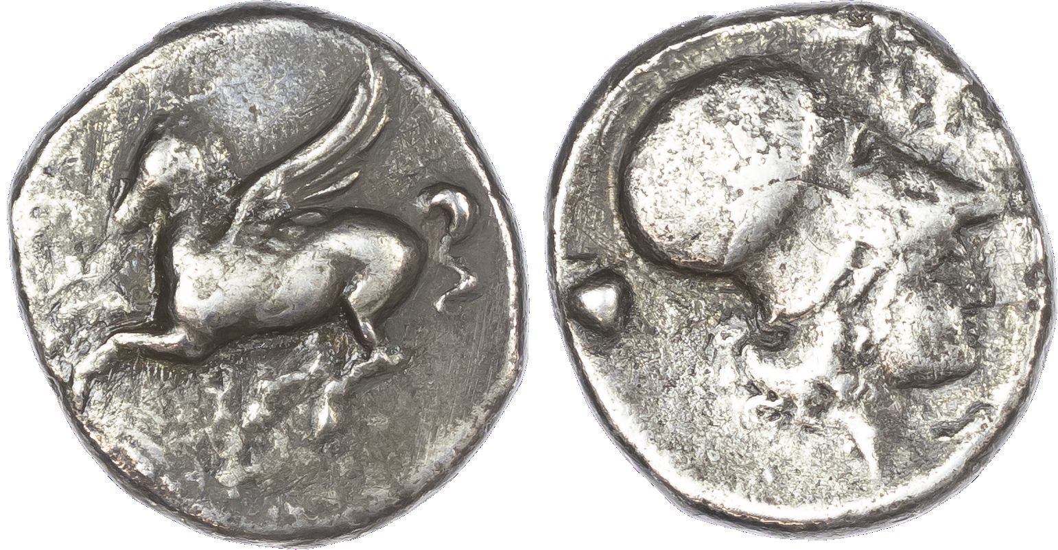 Corinthia, Corinth (c. 350‑306 BC) AR Stater, 7.71g. Pegasos flying left, quoppa below. Rev. Helmeted head of Athena facing