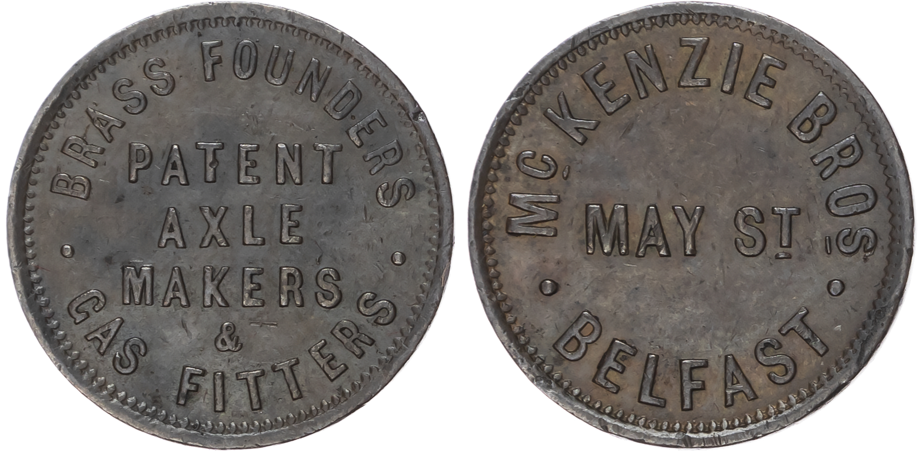 Belfast, McKenzie Brothers. (axel makers & brass founders) farthing (1852), one-line legend – May St./three-li…