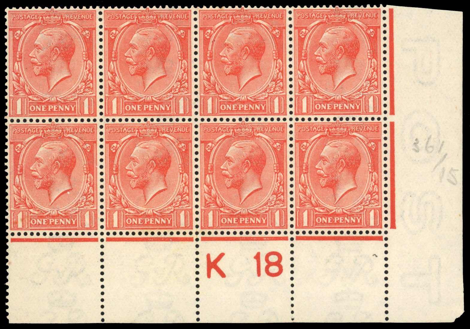 GB 1912-24 Royal Cypher 1d orange-vermilion, control L18 and K18 blocks mint