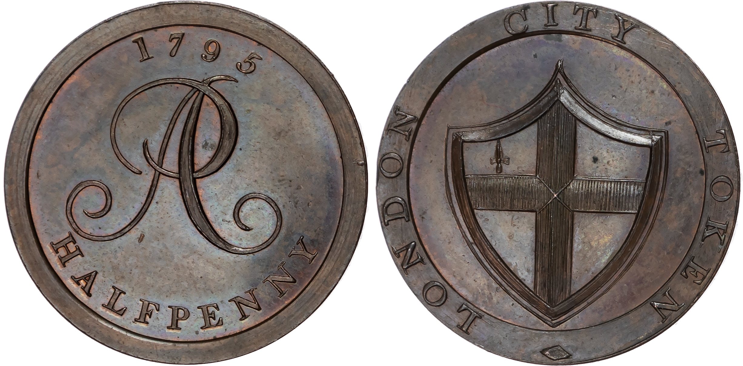 London - Uncertain Locality , Peter Anderson, Jorden’s Halfpenny 1795, Arms of the City of London (shaded cros…