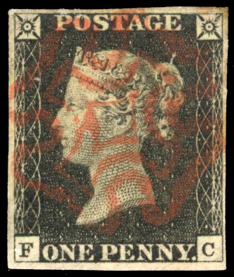 GB: 1840 1d black, Plate 2 (FC), four margins, neat red MC SG 2