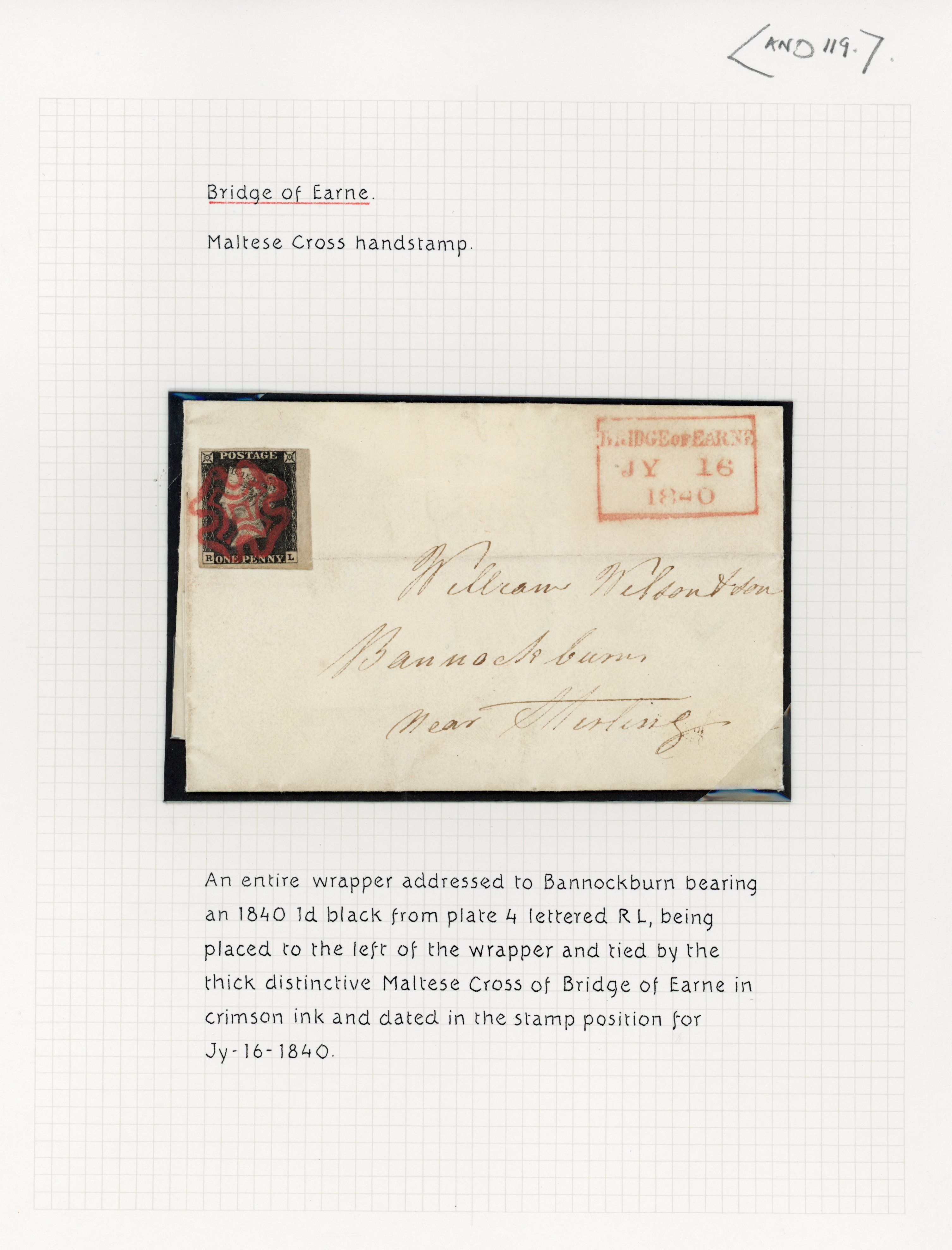 GB 1840 1d black, Plate 4 (RL) on entire with Bridge of Earne Maltese Cross