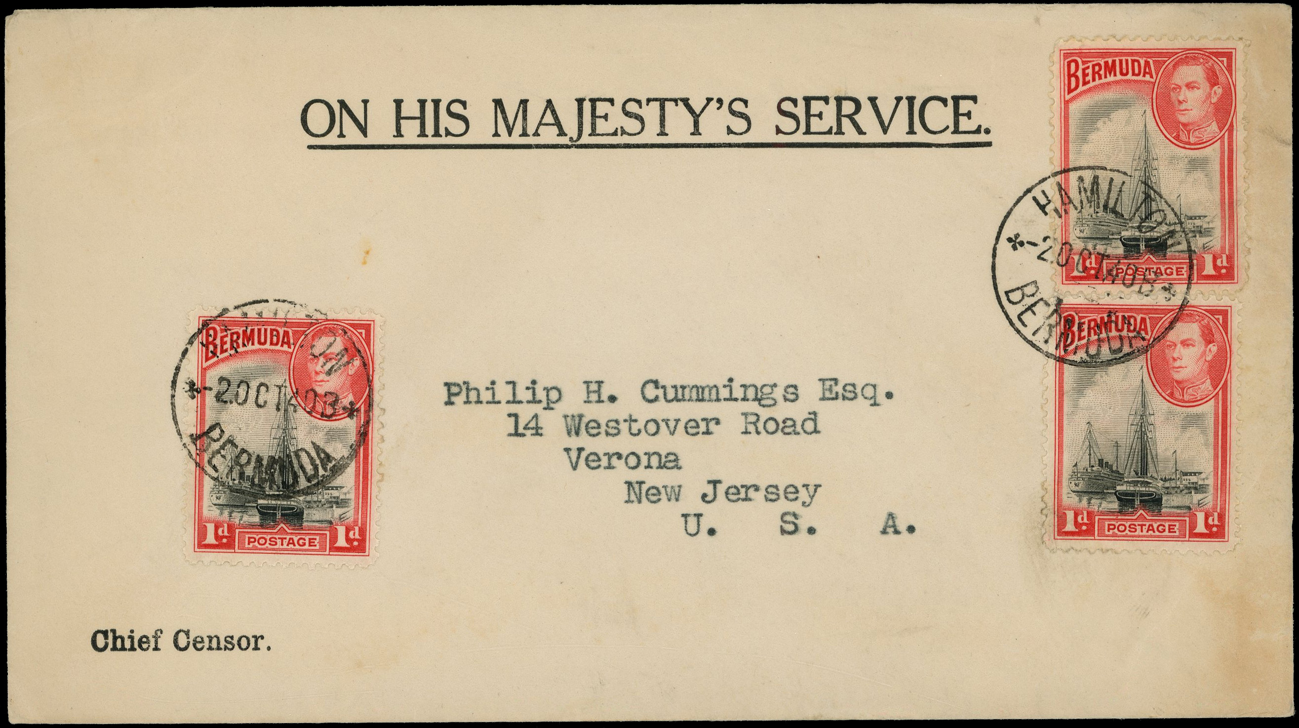 POSTAL HISTORY: 1940 OHMS pre-printed envelope from "Chief Censor" to USA, scarce  