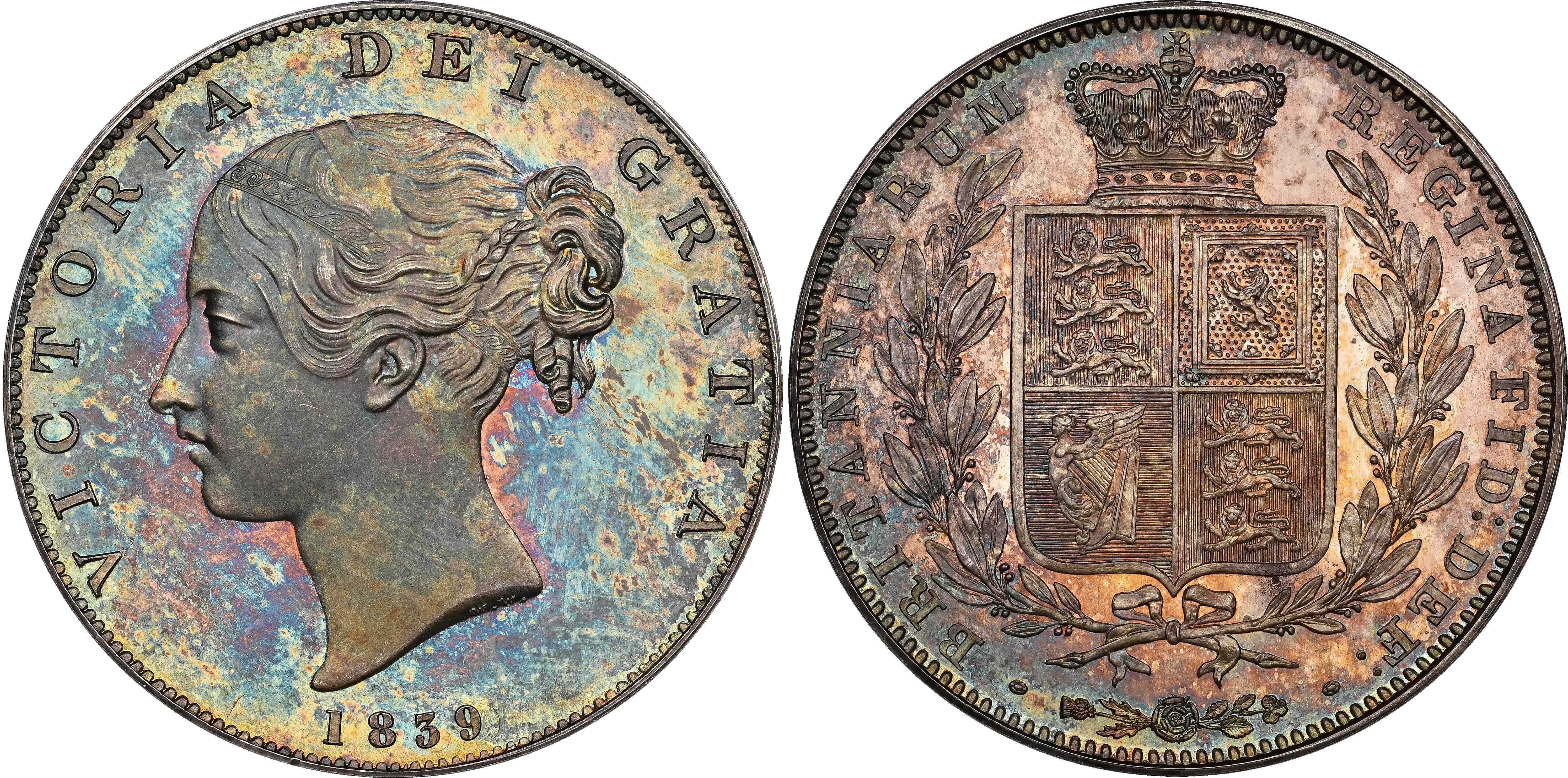 Victoria (1837-1901), Proof Halfcrown, 1839. "En Medaille Variety." NGC PF65 Cameo