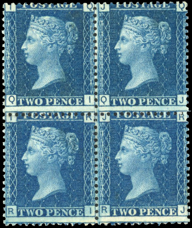 GB SG 47 1858-76 2d blue Plate 13 block mint