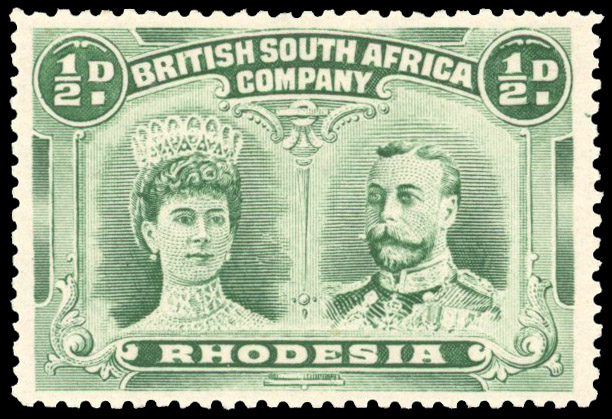 Rhodesia 1910-13 ½d bluish green showing double dot retouch