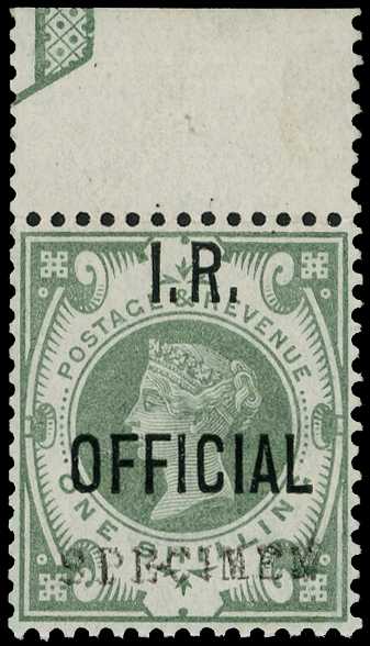 I.R. Official. 1889 1/- dull green top...