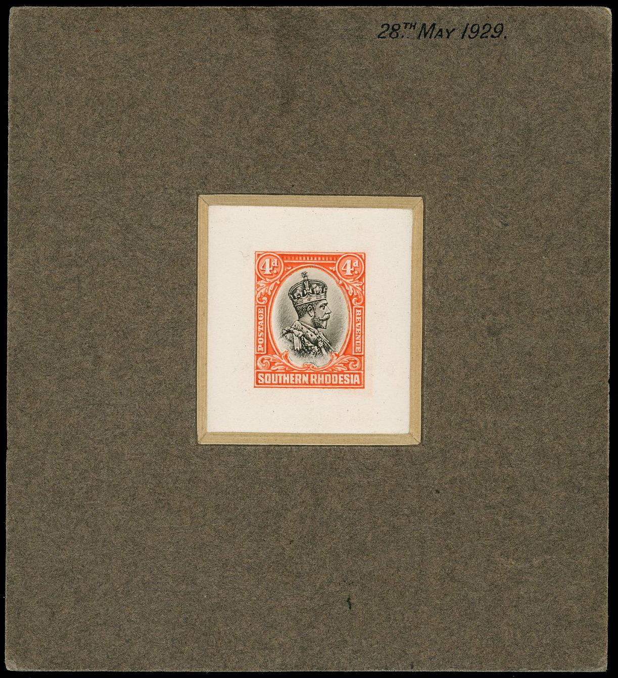 Southern Rhodesia 1929 4d essay in black and orange by De La Rue