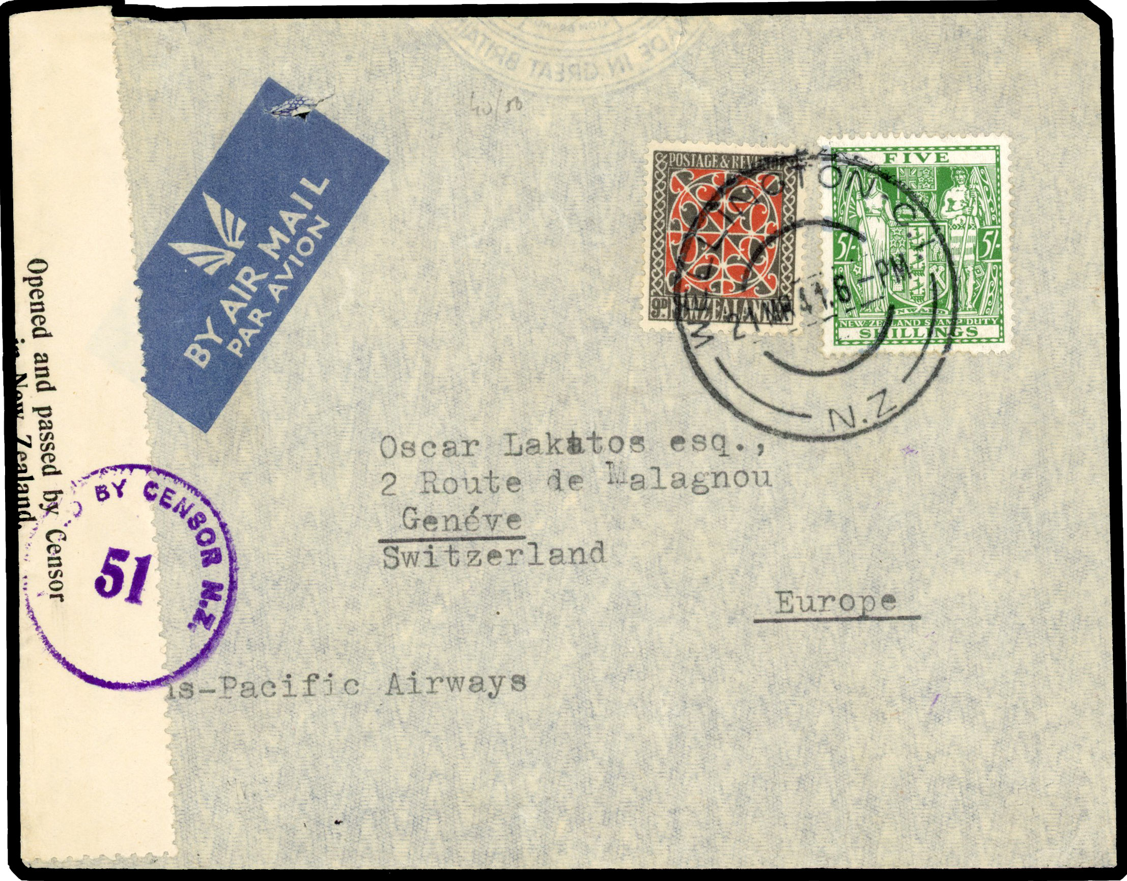NZ SG F195 1941 cover to Switzerland with 5/-