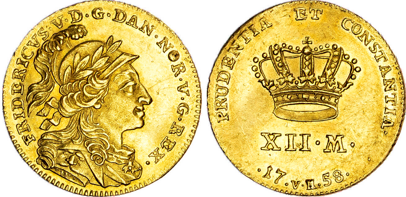 Denmark, Frederik V (1746–1766), gold 12 Mark, 1758 - rare type