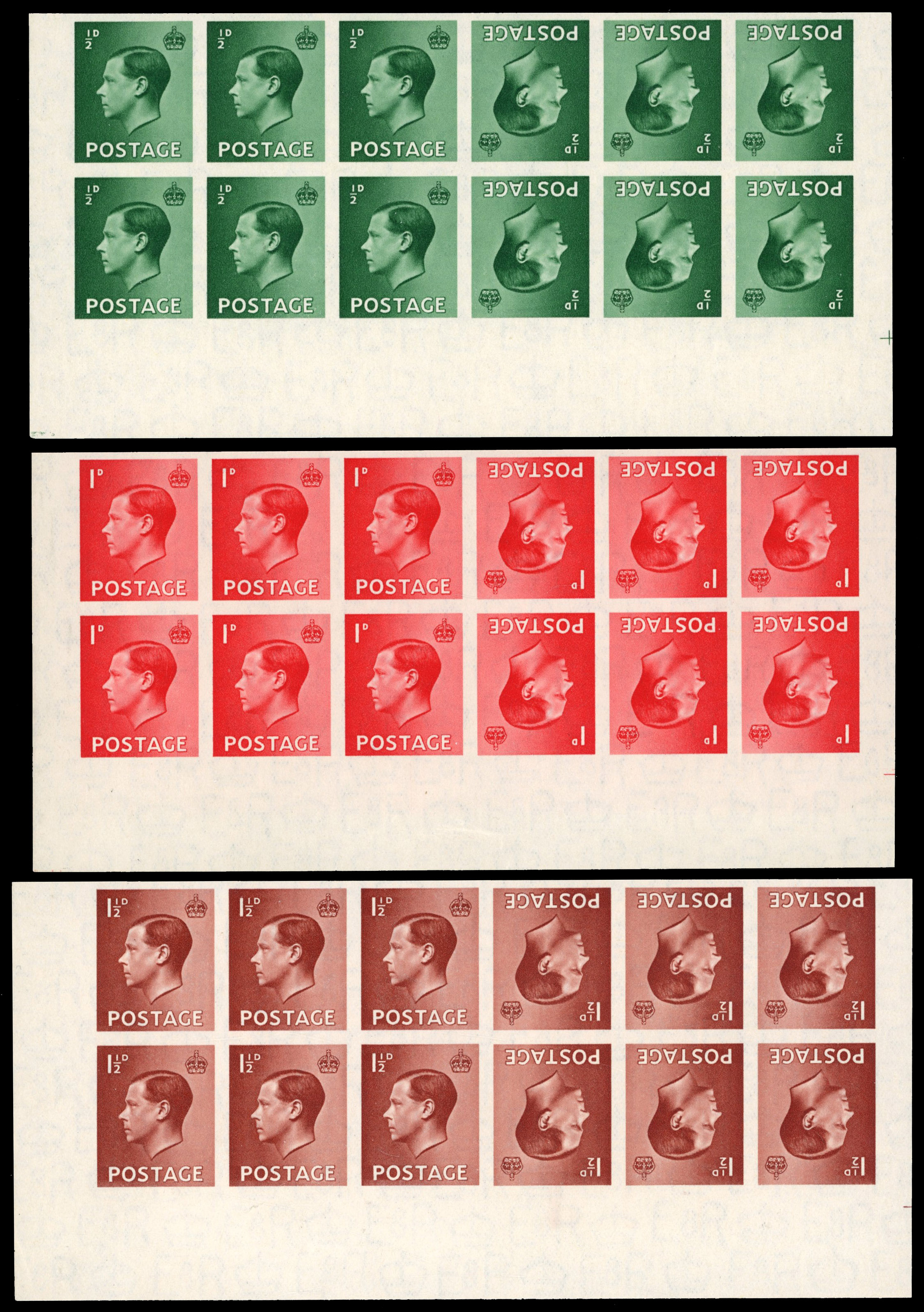 SG 457-9 1936 KEVIII ½d, 1d and 1½d Imprimatur tête-bêche blocks