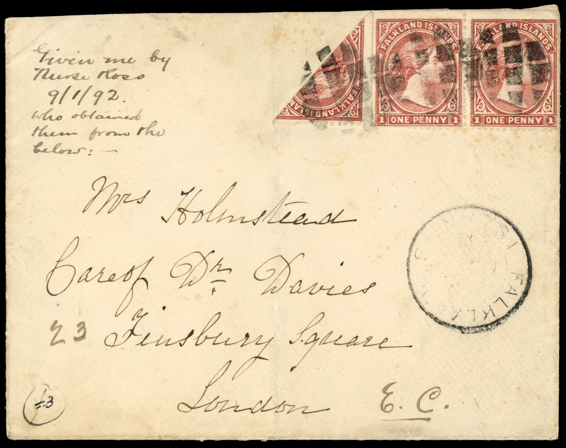 Falkland Islands SG 8a 1891 1d brownish claret bisect cover to London