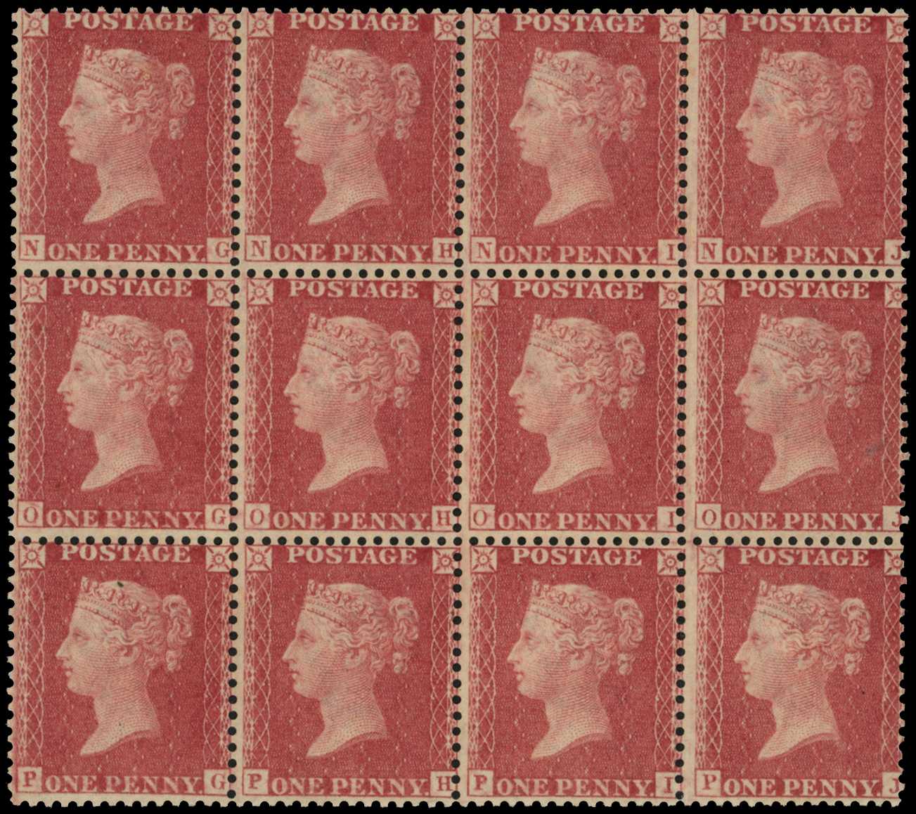 1857 1d rose-red Plate 67 (NG-PJ) block...