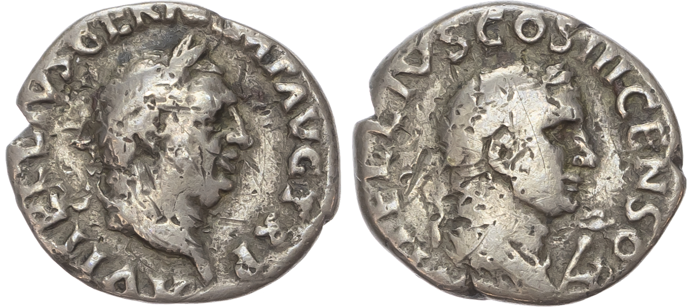 Vitellius (AD 69), with Vitellius the Elder, AR Denarius, Rome, 2.83g. 