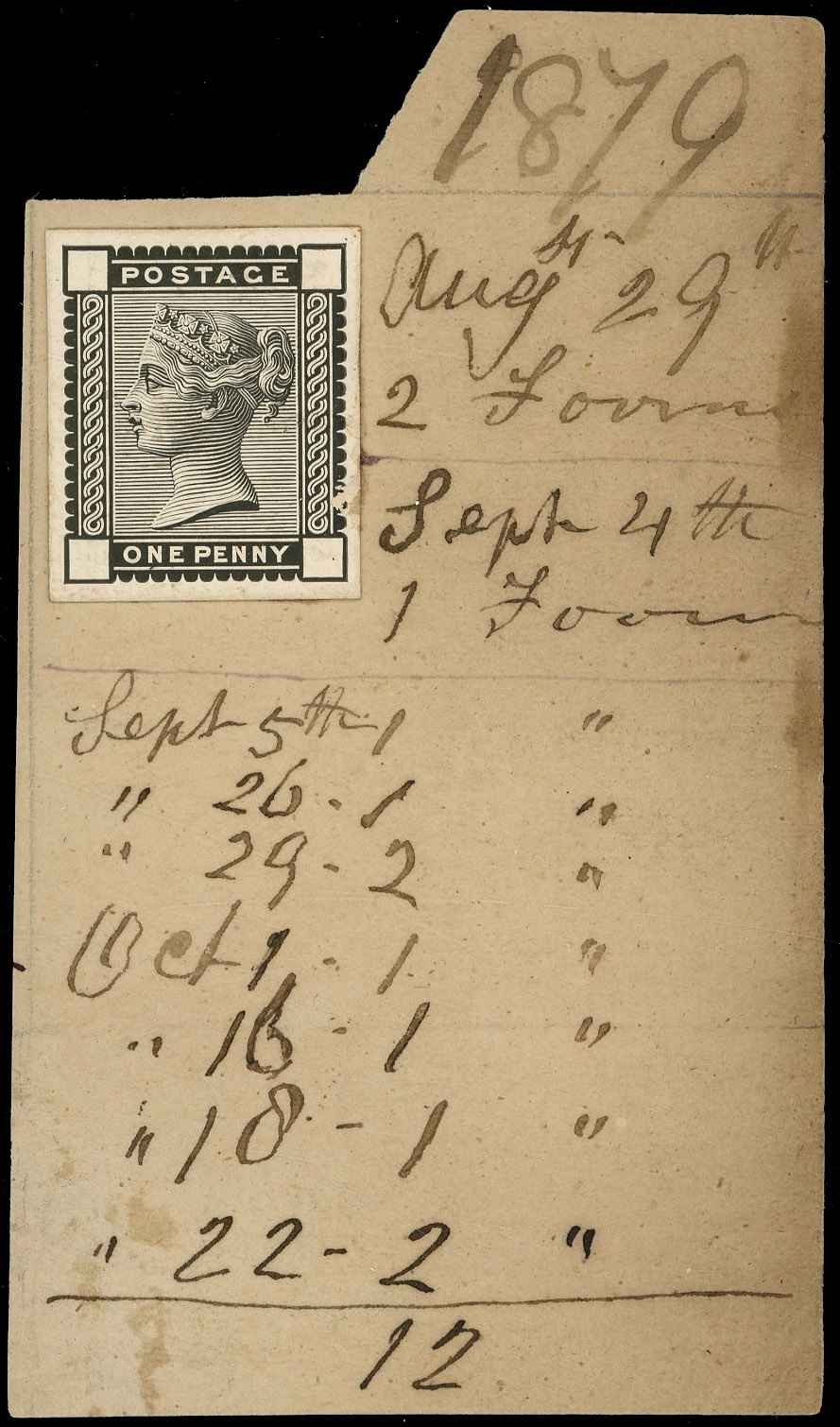 1879 1d Die proof. Very fine example without corner letters, cut to stamp size and mounted on a large piece from the DLR…