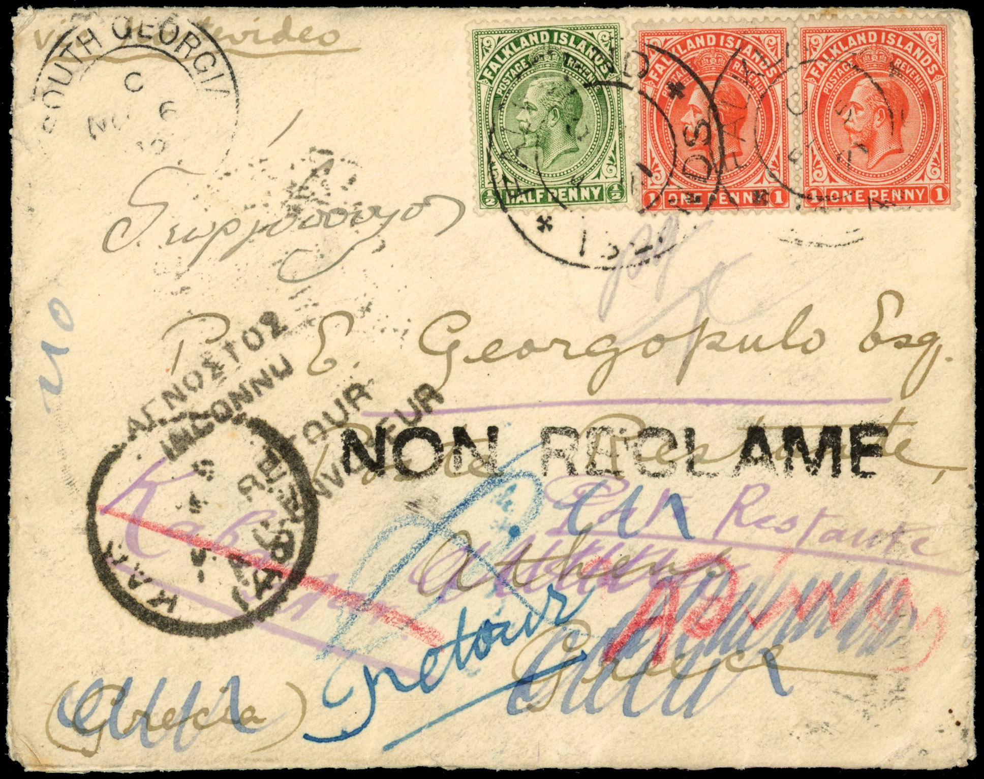 † Falkland Islands 1921 returned cover to Greece