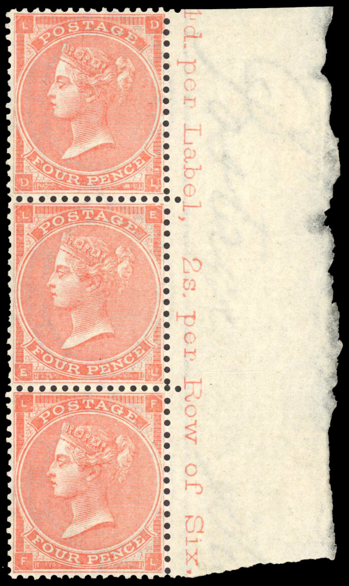 GB SG 82wi 1863 4d pale red with inverted watermark, marginal strip of three mint